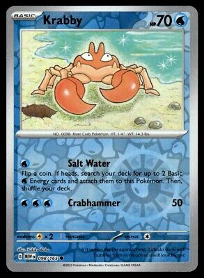 Pokemon 2023 Scarlet & Violet 151 Krabby Reverse Holo Common #98 Near Mint Card