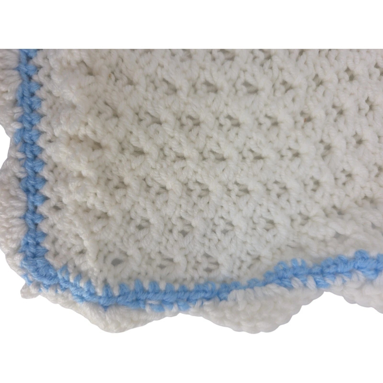 Vintage Handmade White Baby Blanket with Blue Trim Crochet Knit Pattern