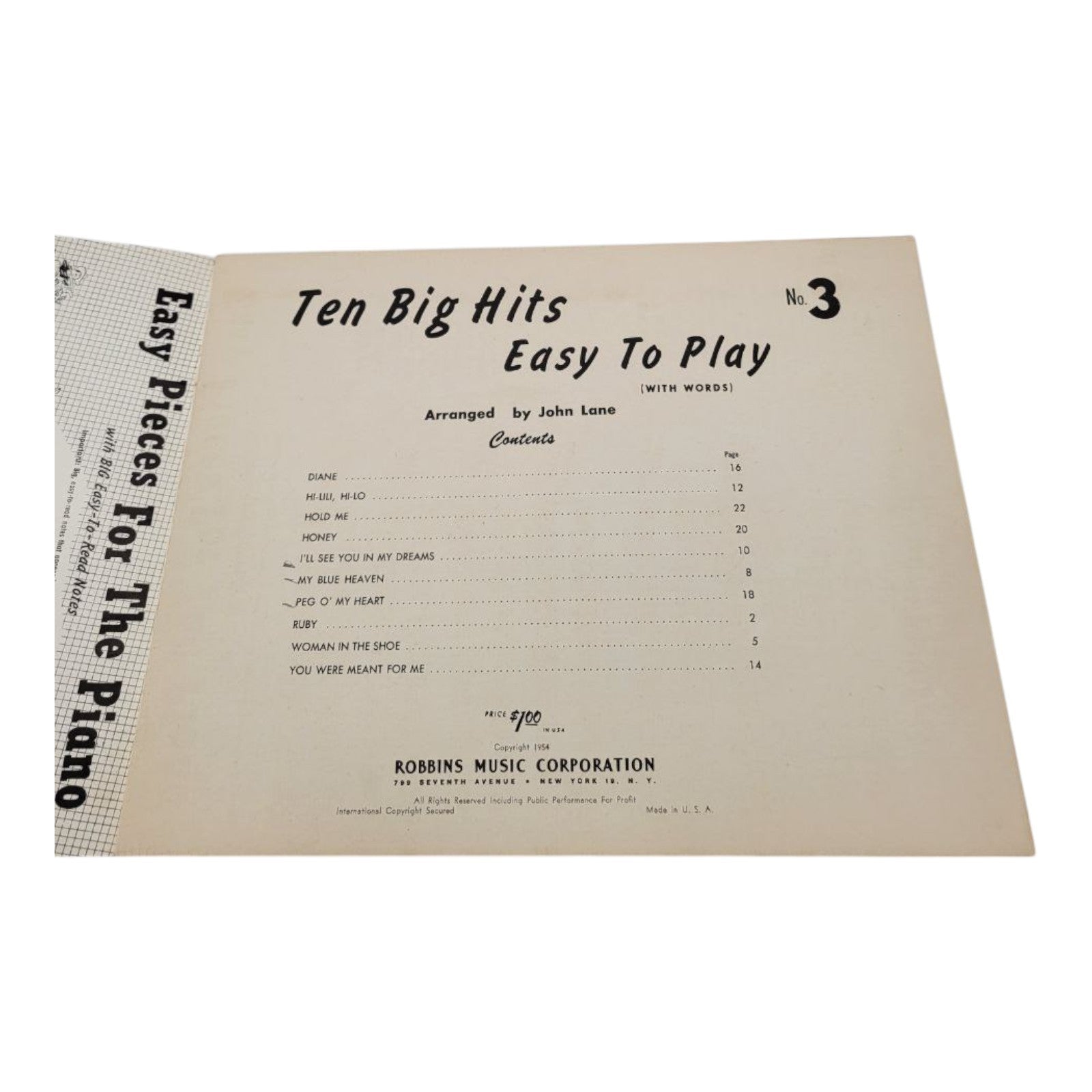 Ten Big Hits Easy to Play #3 Piano Sheet Music Book with Words 1954 John Lane