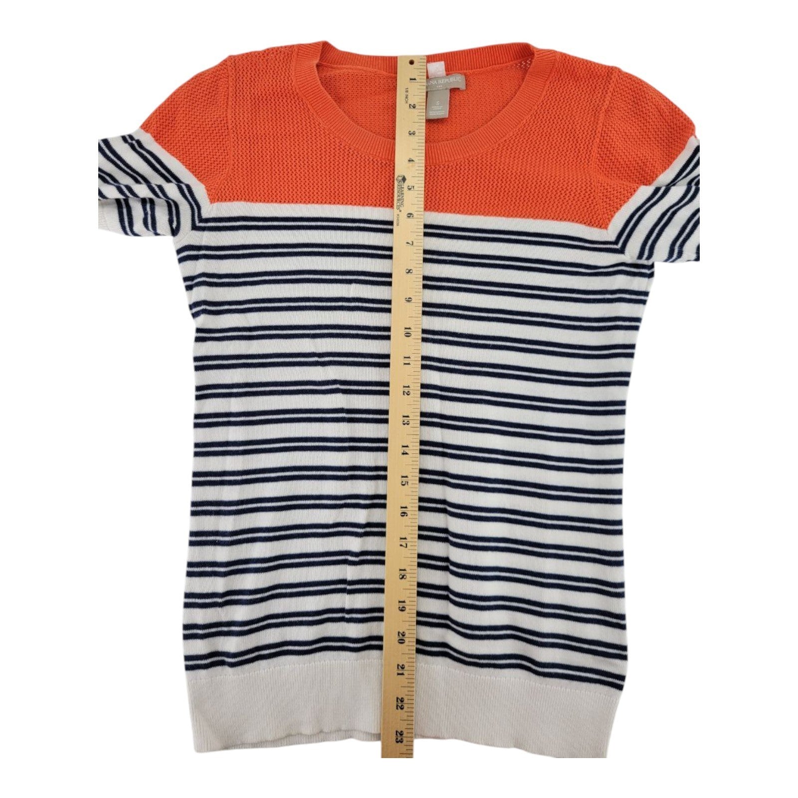 Banana Republic Womens Striped Sweater Top Orange Navy White Short Sleeve S