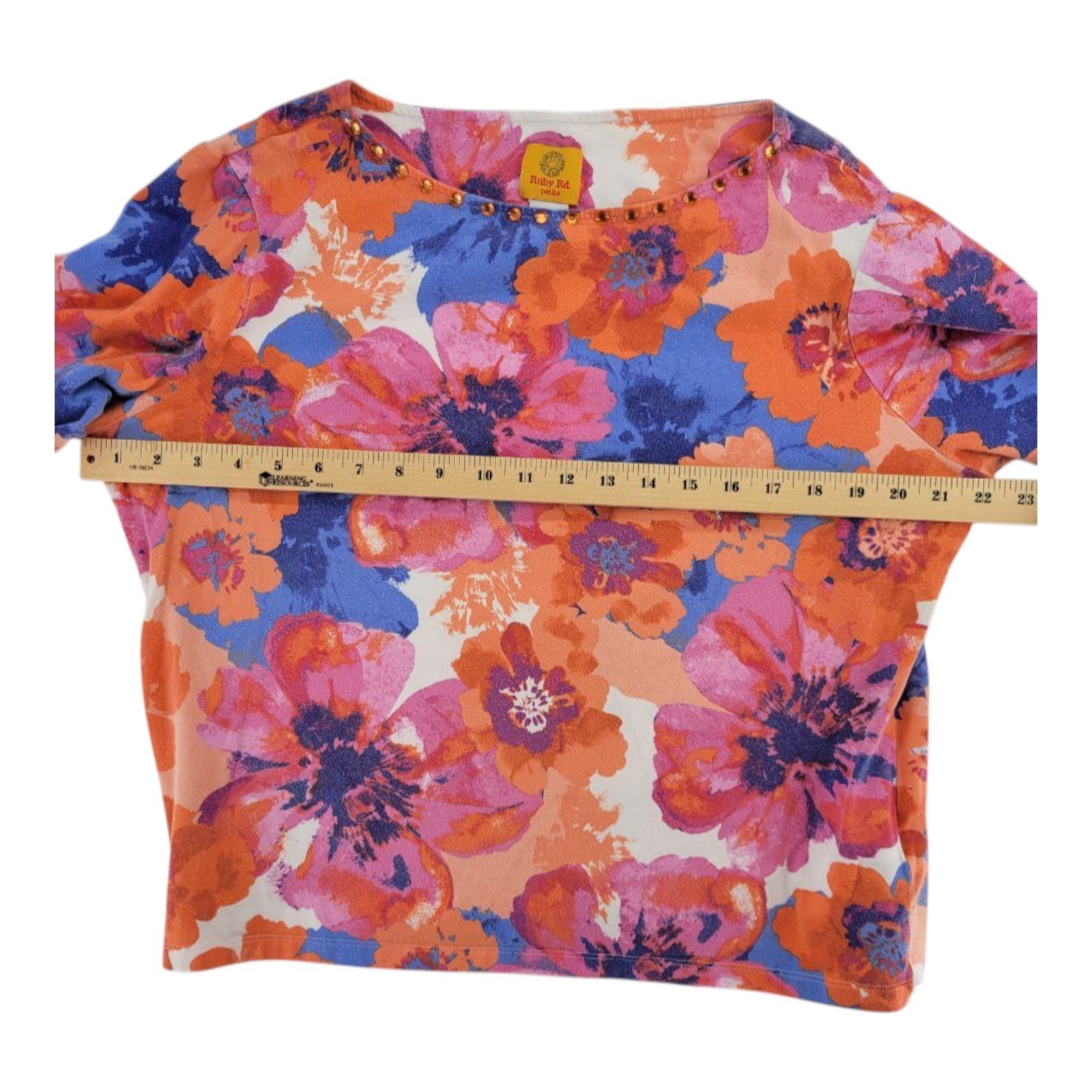 Ruby Rd. Petite Floral Embellished 3/4 Sleeve Top Orange Pink Blue PXL