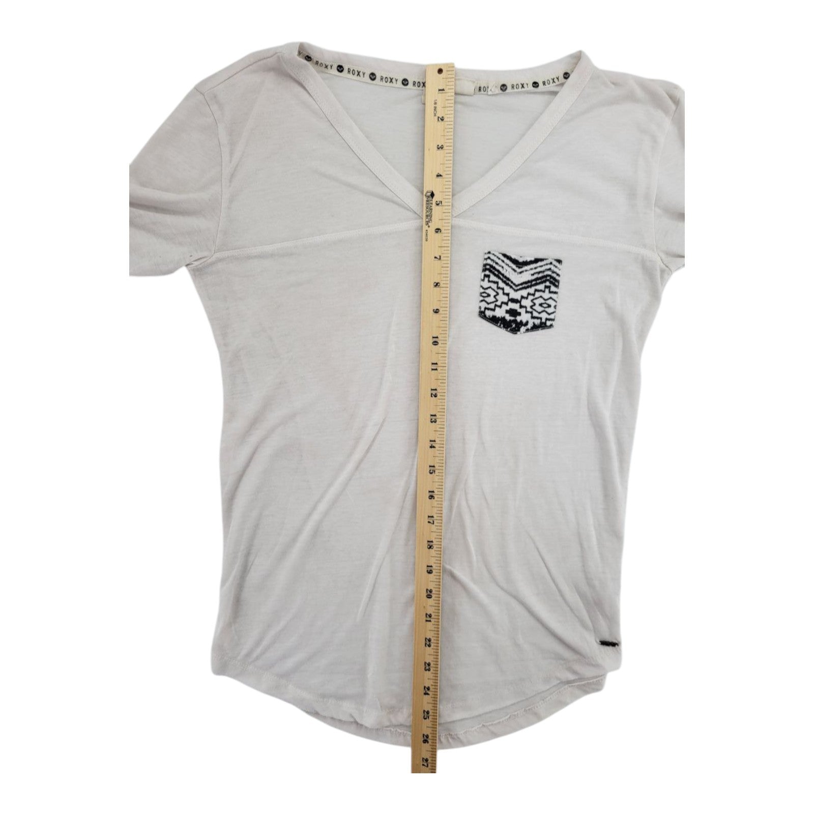 Roxy Women's Off-White Sheer V-Neck Long Sleeve Tee Aztec Pocket Size S