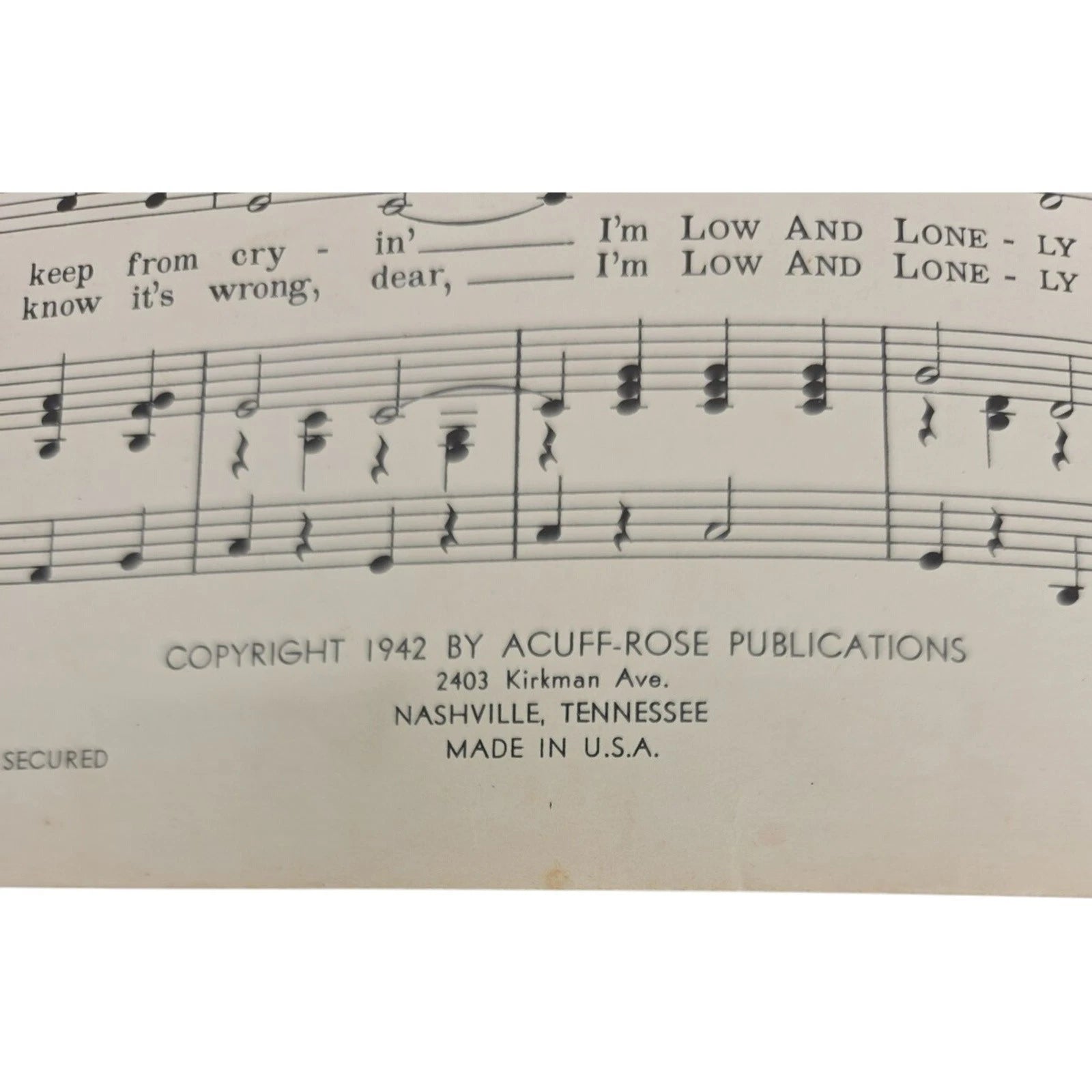 Vintage 1942 Sheet Music Low And Lonely by Floyd Jenkins Featured Roy Acuff
