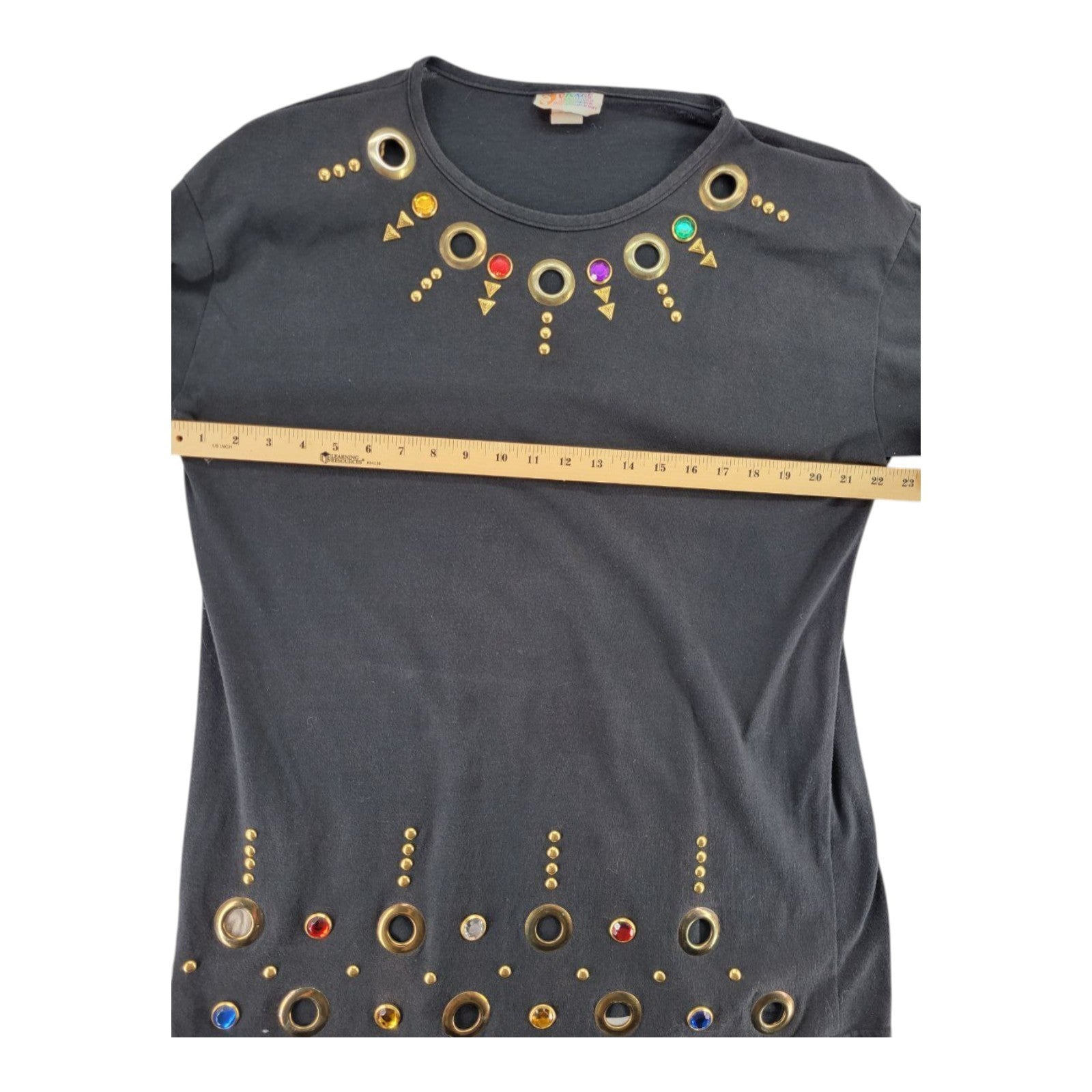 Visage Women's Black Tee Gem & Grommet Embellished Shirt Made in USA
