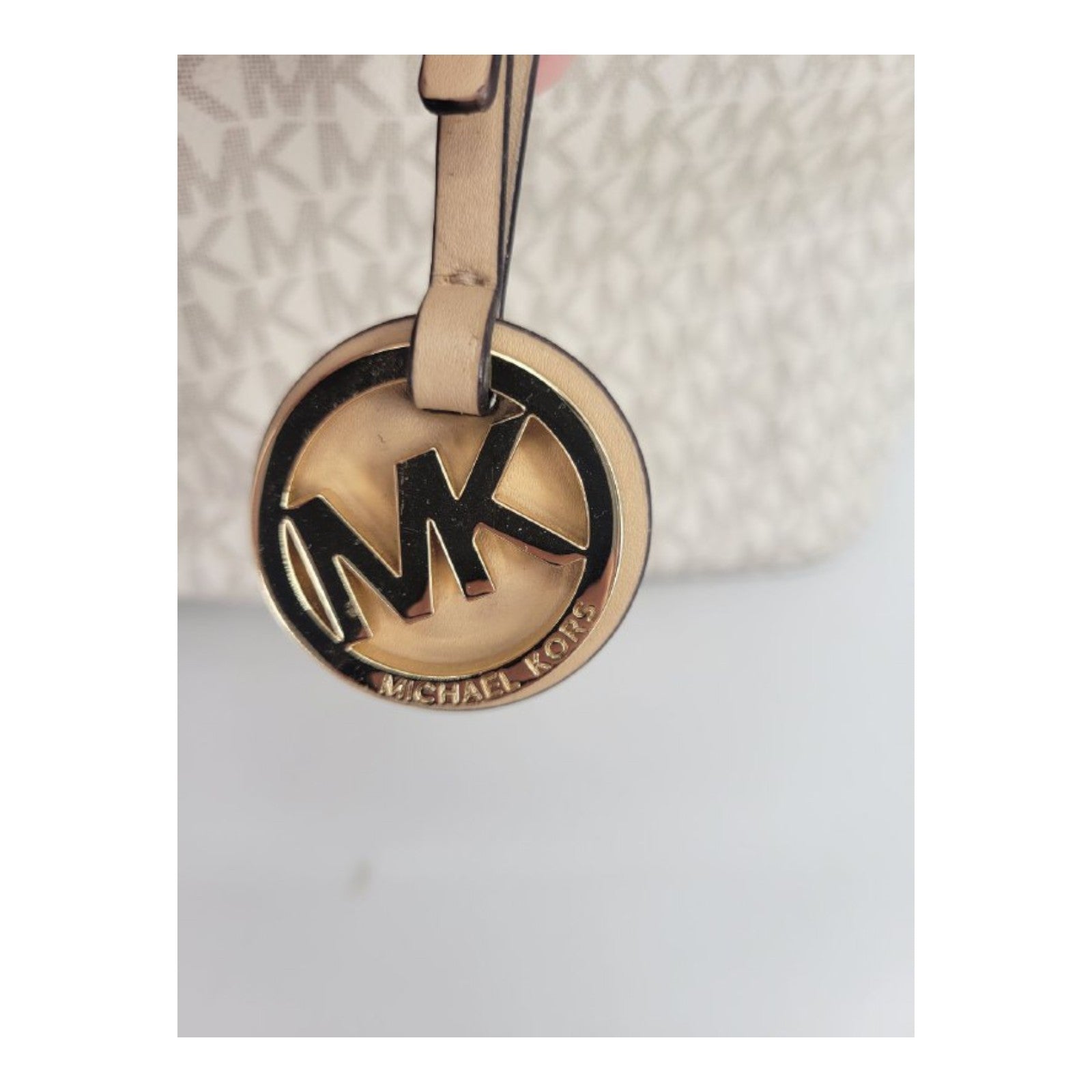 Michael Kors Jet Set Travel Tote Vanilla MK Logo Canvas Leather Gold Charm
