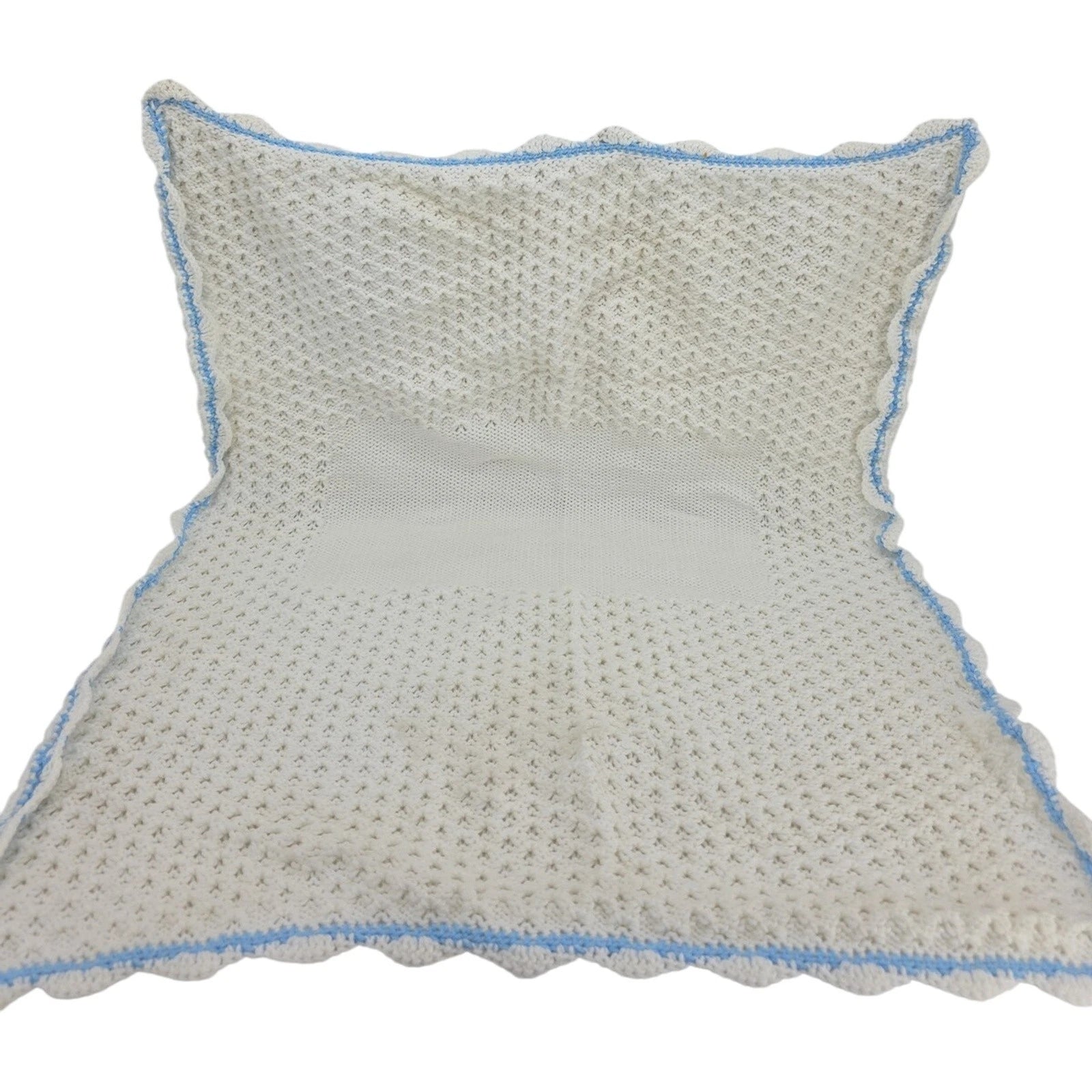 Vintage Handmade White Baby Blanket with Blue Trim Crochet Knit Pattern