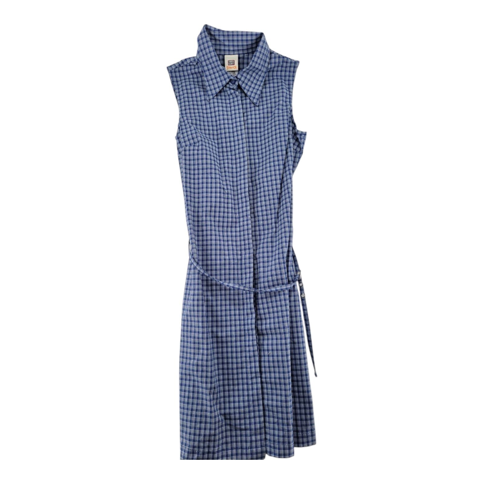 Faded Glory Stretch Blue Plaid Sleeveless Shirt Dress Tie Waist Size Small 4/6