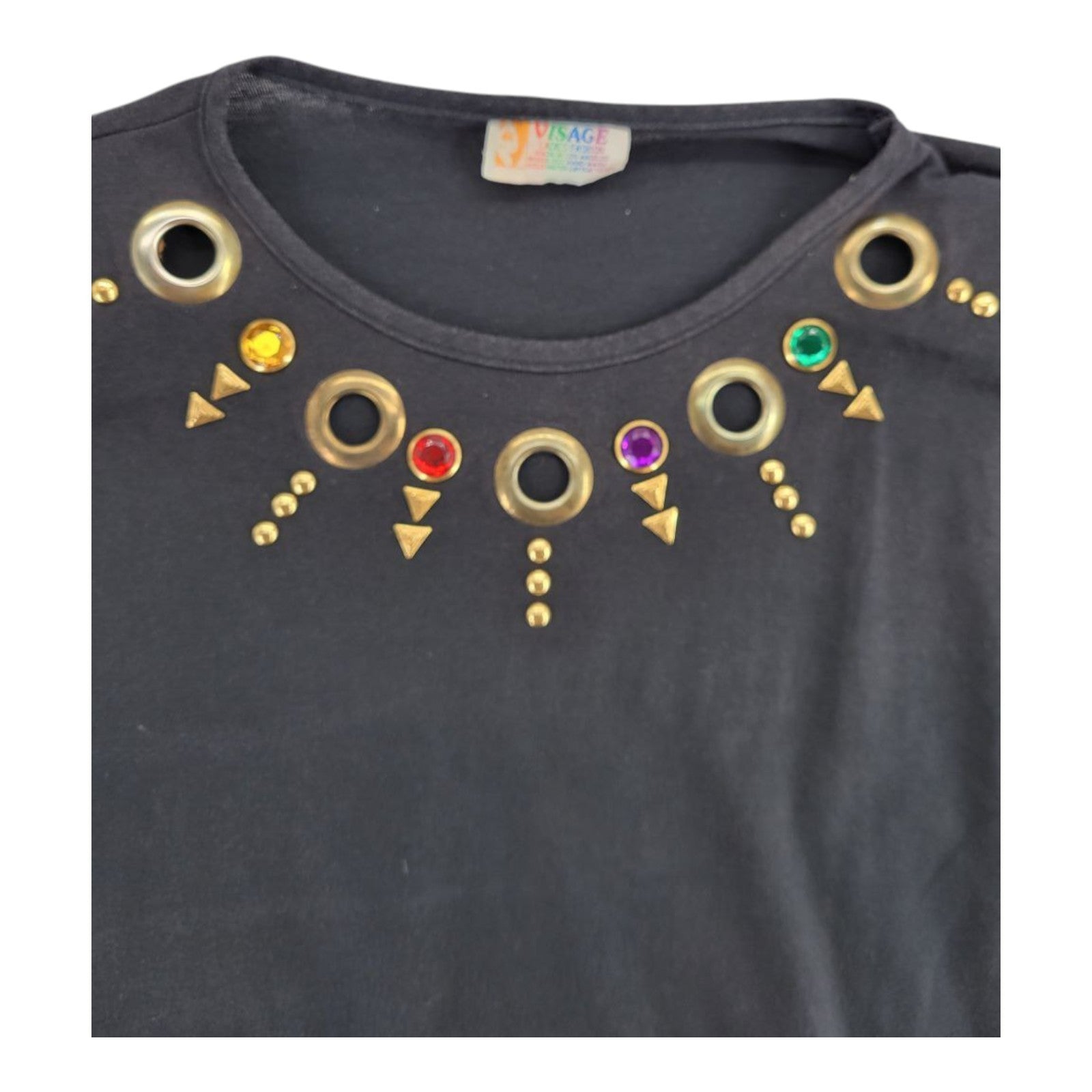 Visage Women's Black Tee Gem & Grommet Embellished Shirt Made in USA