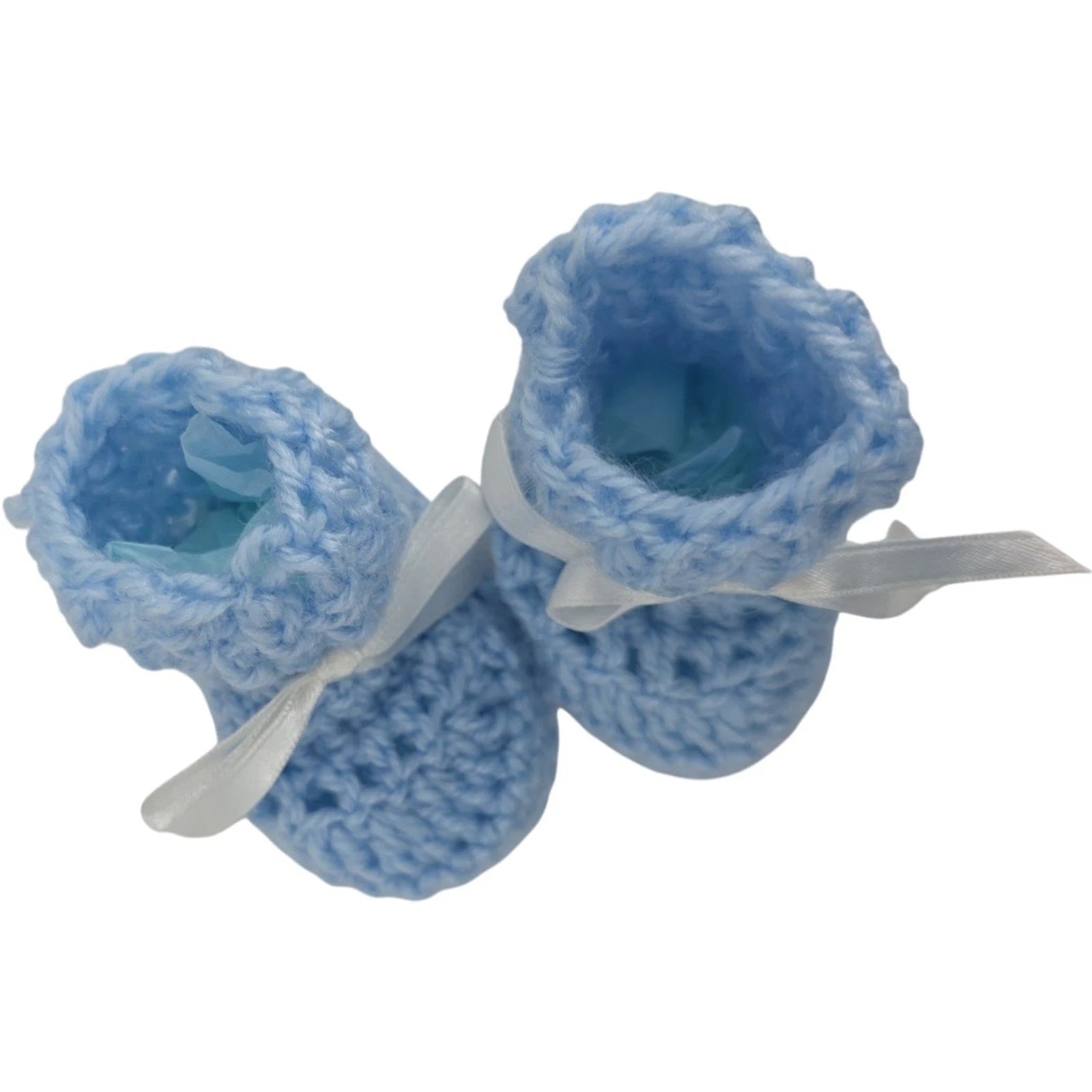 Vintage Handmade Blue Crochet Baby Booties with White Ribbon Ties – 3" Foot