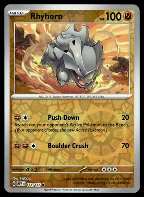 Pokemon 2023 Scarlet & Violet 151 Rhyhorn Reverse Holo Common #111 Near Mint