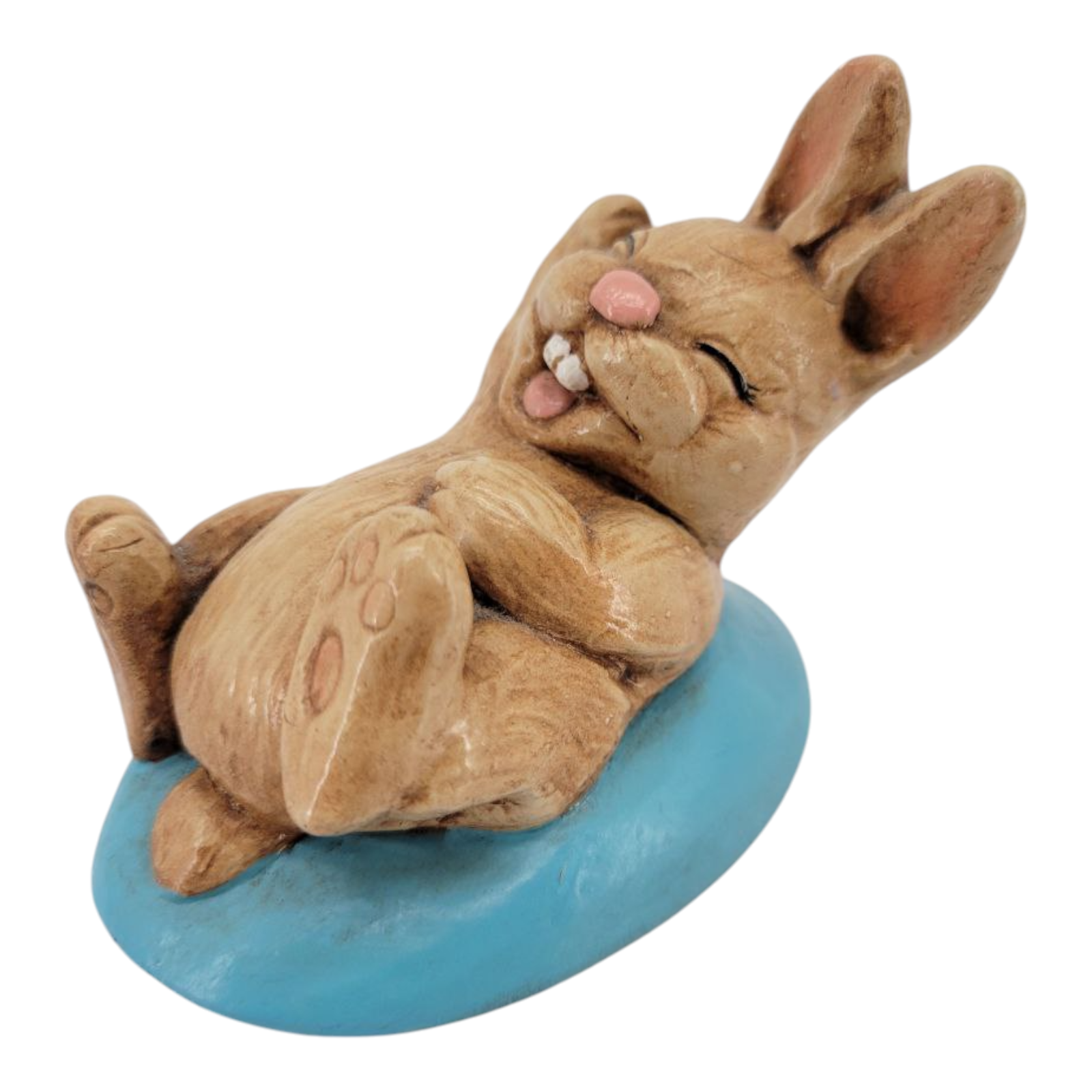 Vintage Laughing Bunny Brown Resin Rabbit Figurine on Blue Base Collectible