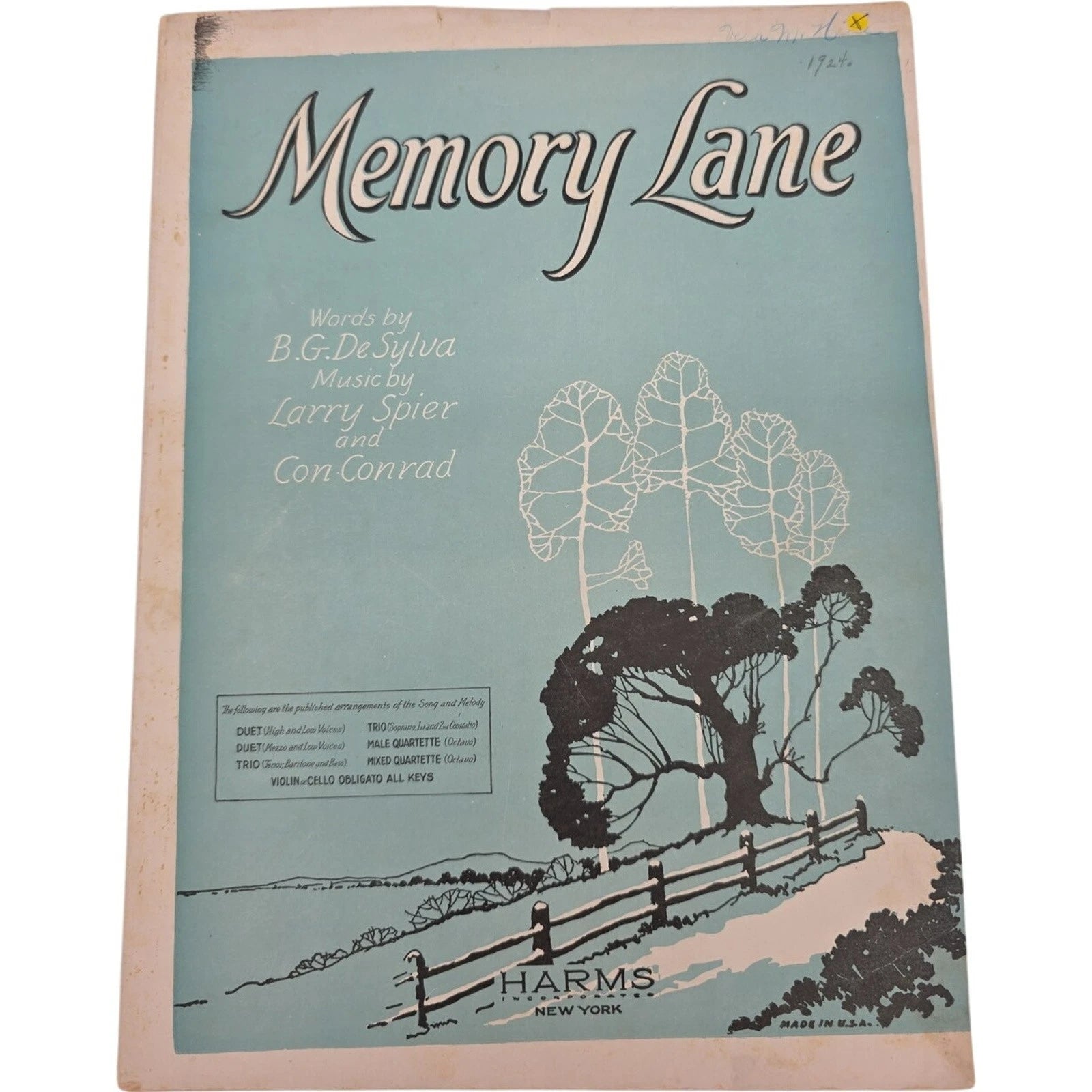 Vintage 1924 Sheet Music Memory Lane by B G De Sylva Larry Spier Con Conrad