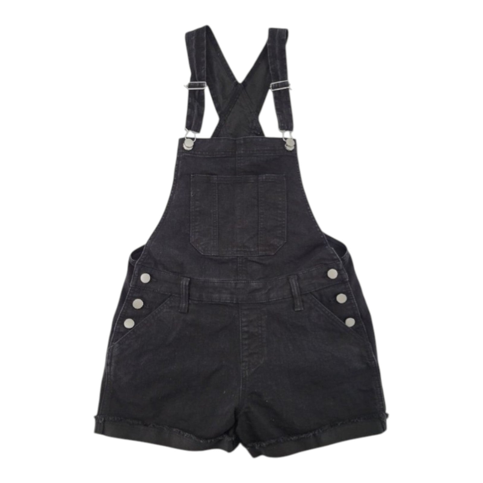 No Boundaries NOBO Women's Black Denim Overall Shorts Frayed Hem Size M (7-9)