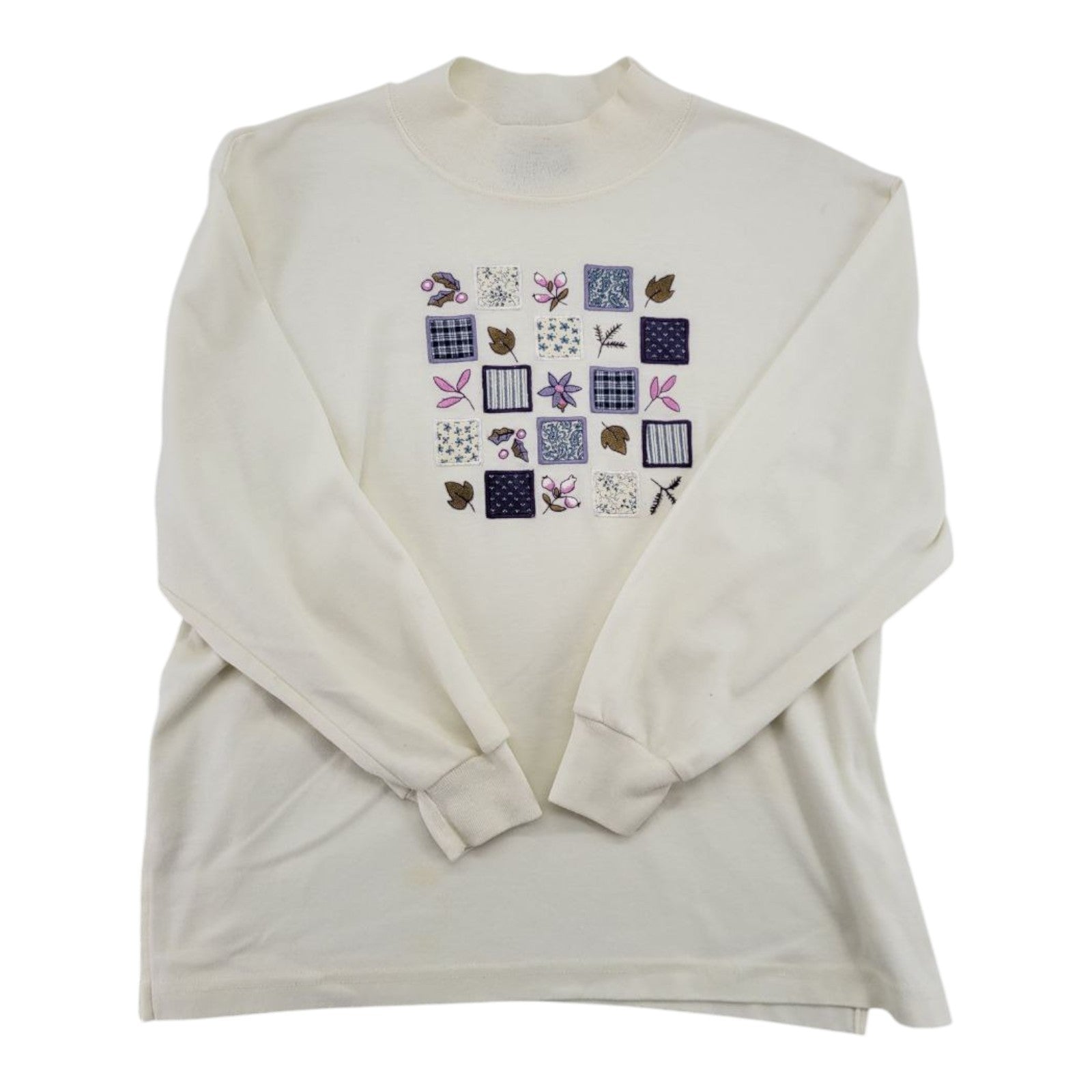 BonWorth Womens Cream Floral Patch Pullover Sweatshirt Long Sleeve S Petite