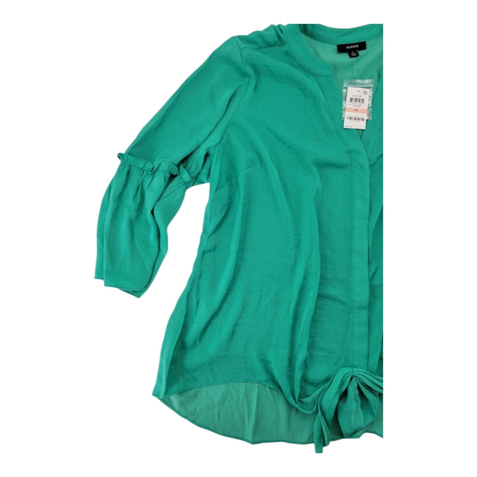 Alfani Plus Women's Green Tie Front Blouse Split Neck Bell Sleeve Top NWT 2X