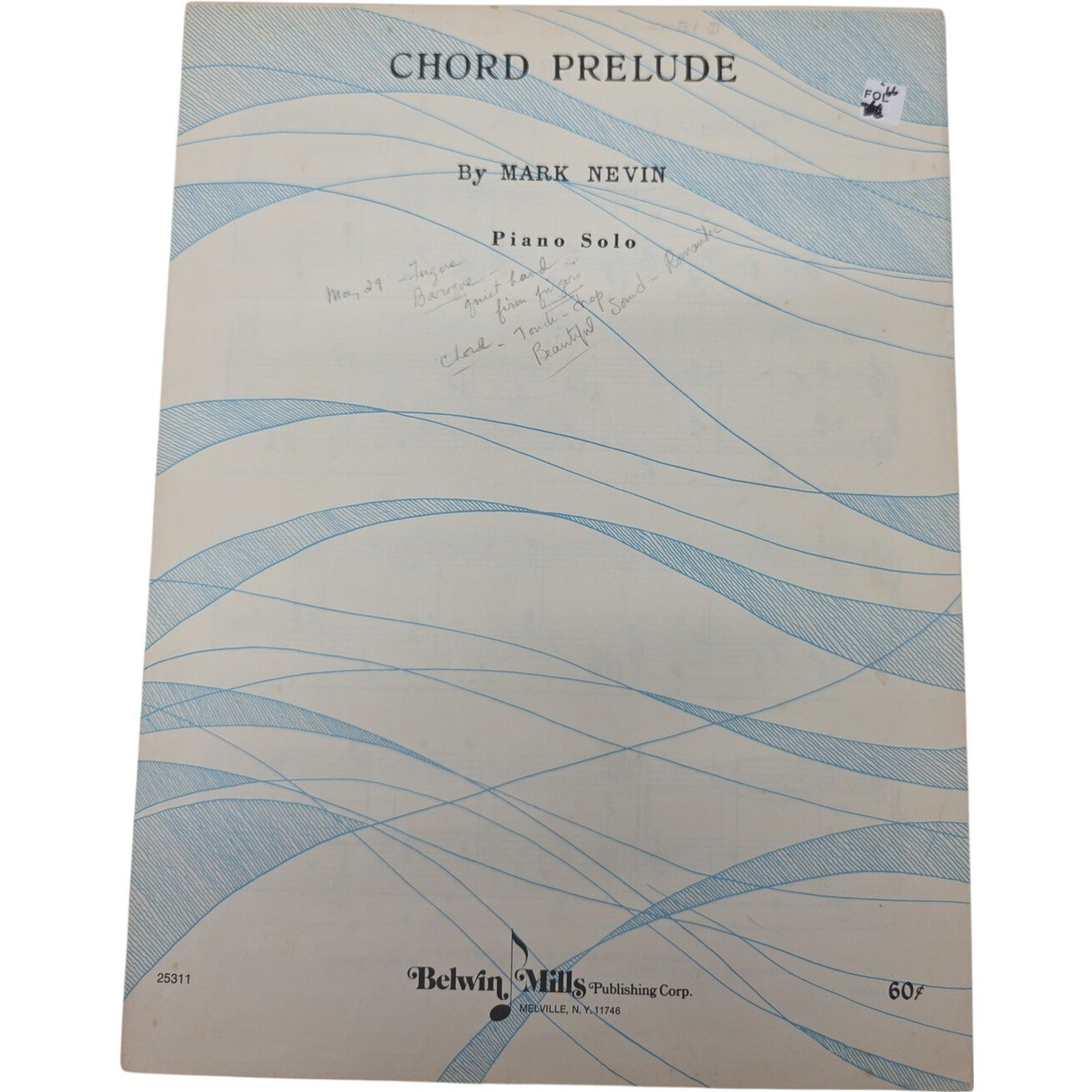1966 Vintage Sheet Music Chord Prelude by Mark Nevin Piano Solo Belwin Mills