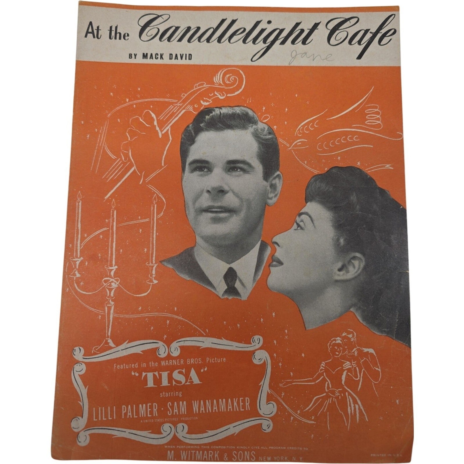 1949 Sheet Music At the Candlelight Café Warner Bros Movie Tisa Lilli Palmer