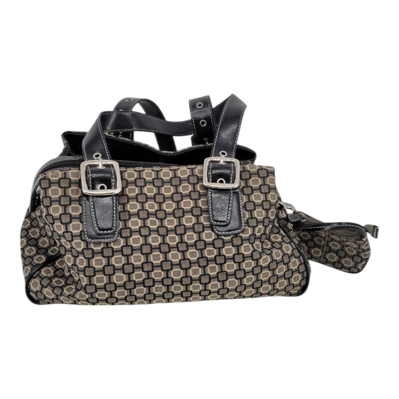 Nine West Black Brown Geometric Print Canvas Handbag Purse Leather Straps