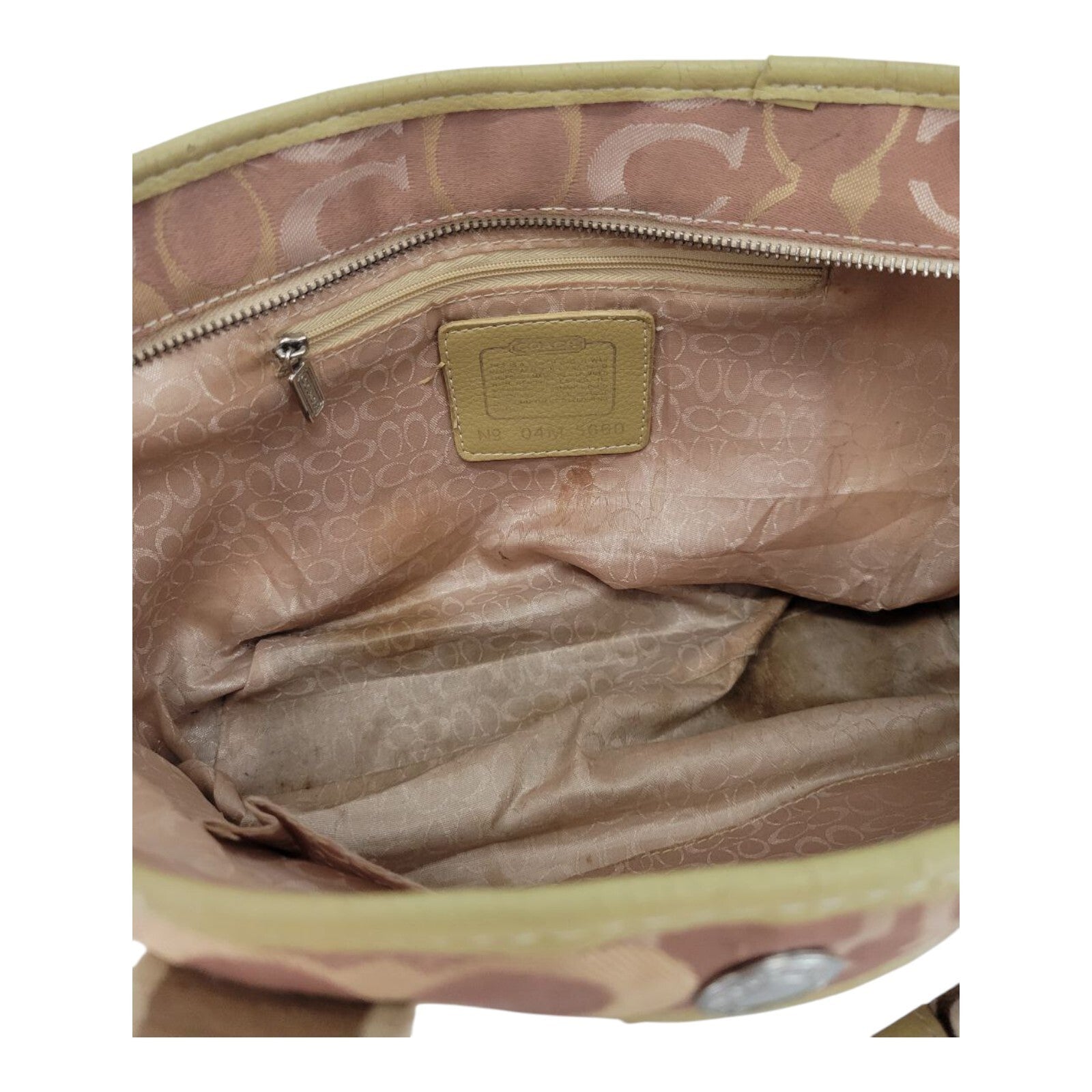 Coach Signature C Canvas Tote Bag Pink Tan Logo Print Zip Top G04M-6600