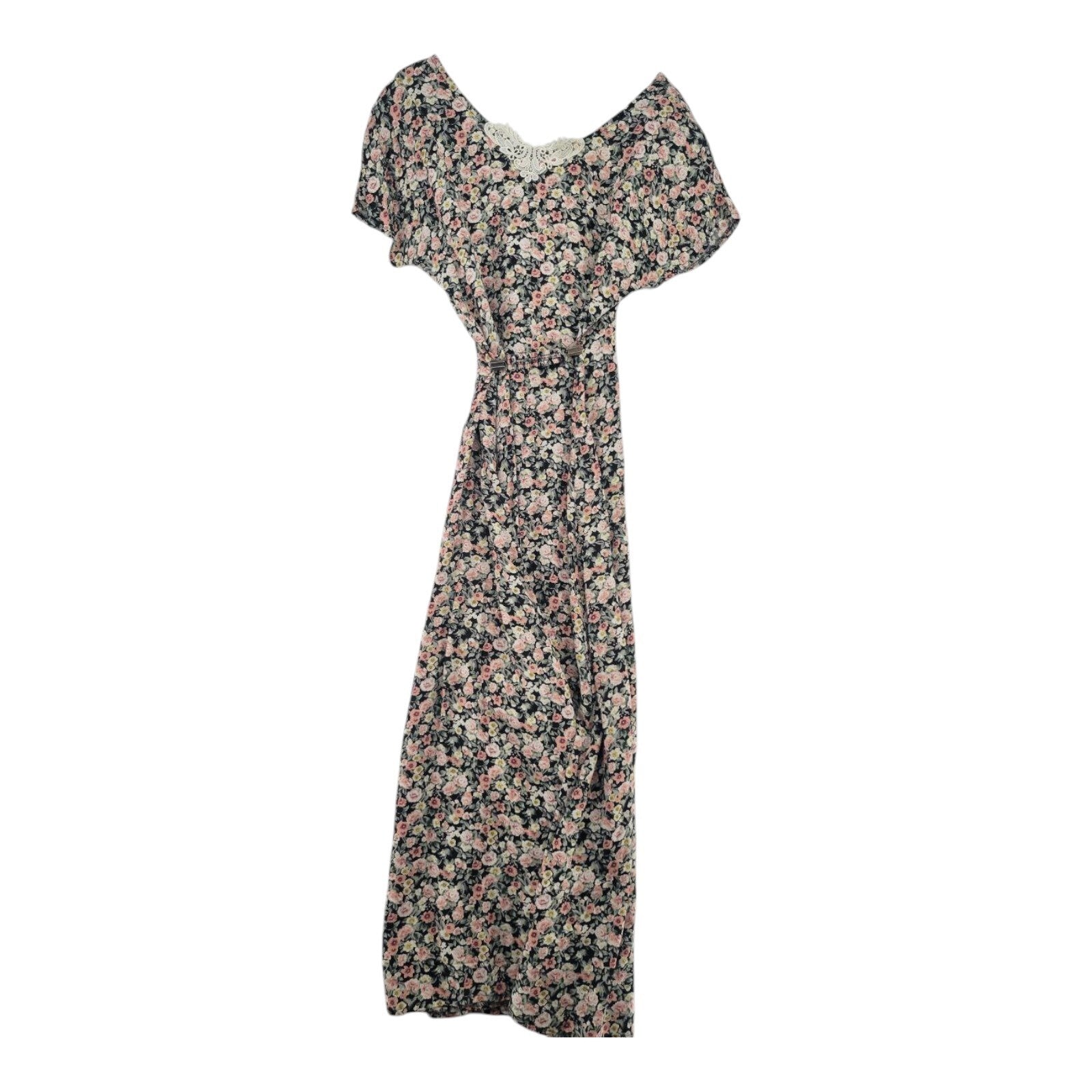 All That Jazz Womens Black Pink Floral Maxi Dress Vintage 90s Belted