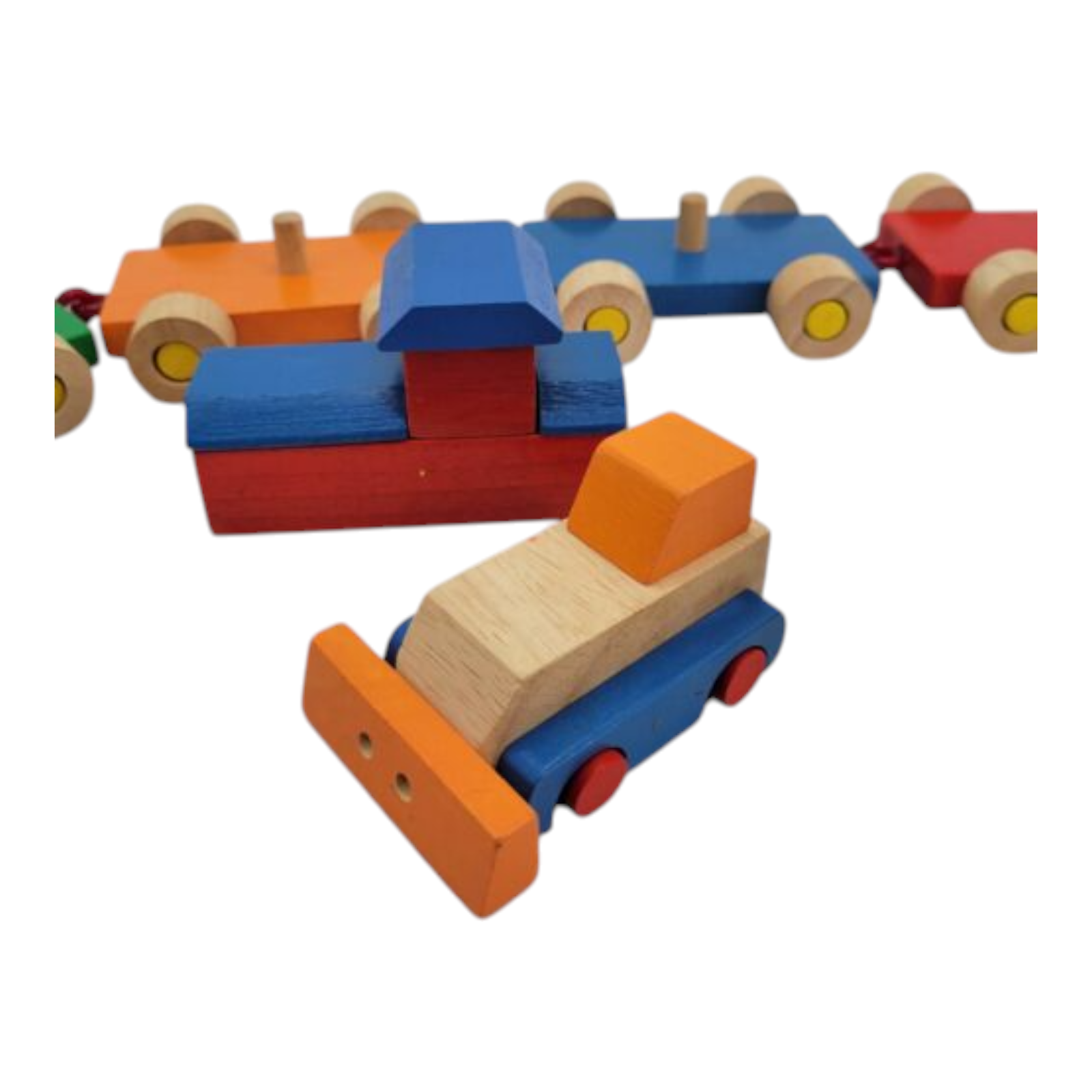Vintage Toy Wood Train Blue Yellow Red Green with Wood Crain Dump Truck