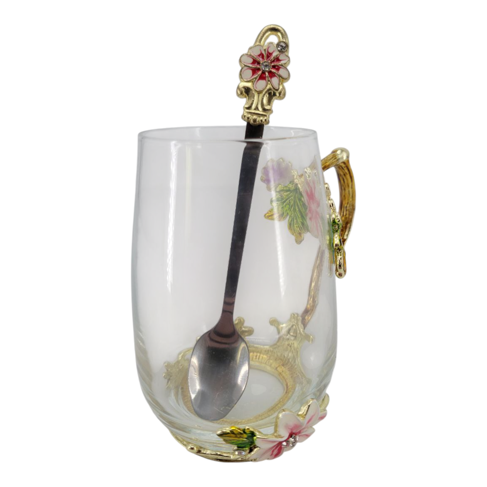 Glass Enamel Milk Tea Coffee Cup and Spoon Set Pink Flower with Gold Handle