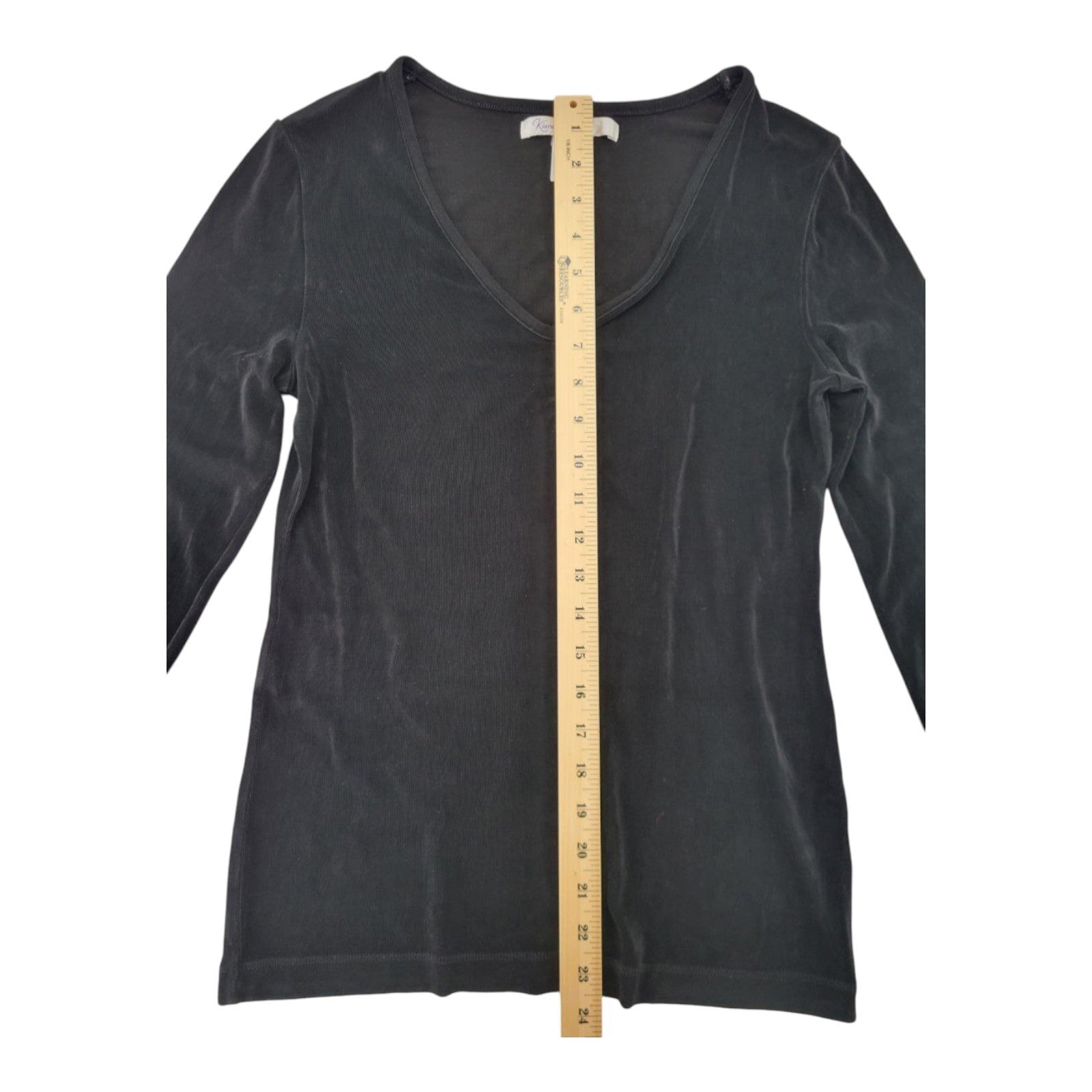 Kiara Women's Black Velvet V-Neck Top 3/4 Sleeve Stretch Acetate Blend Size M