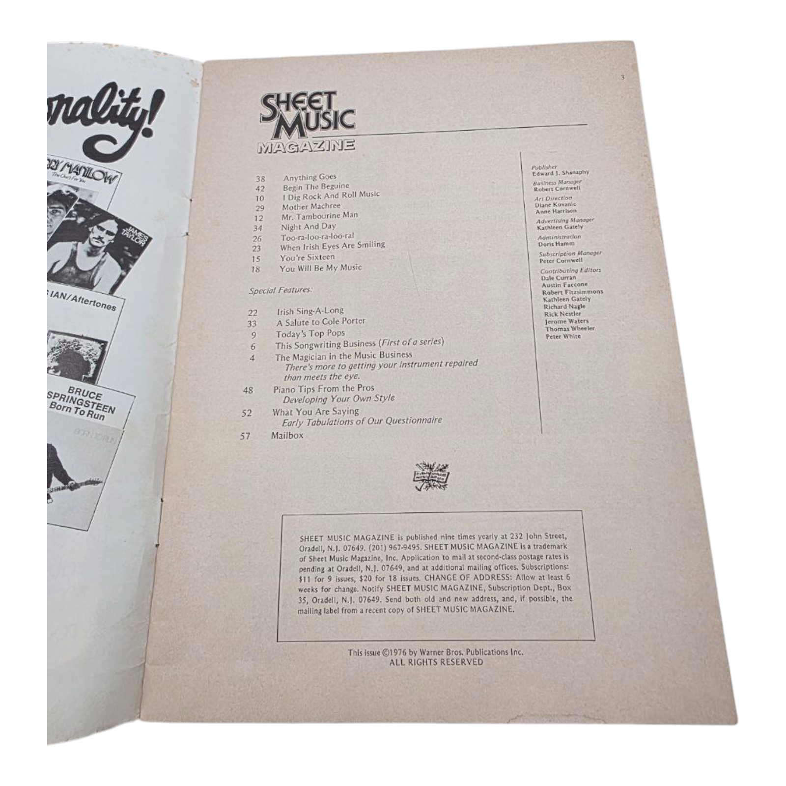 Sheet Music Magazine Vol 1 No 3 Piano Tips from the Pros 1976 Warner Bros