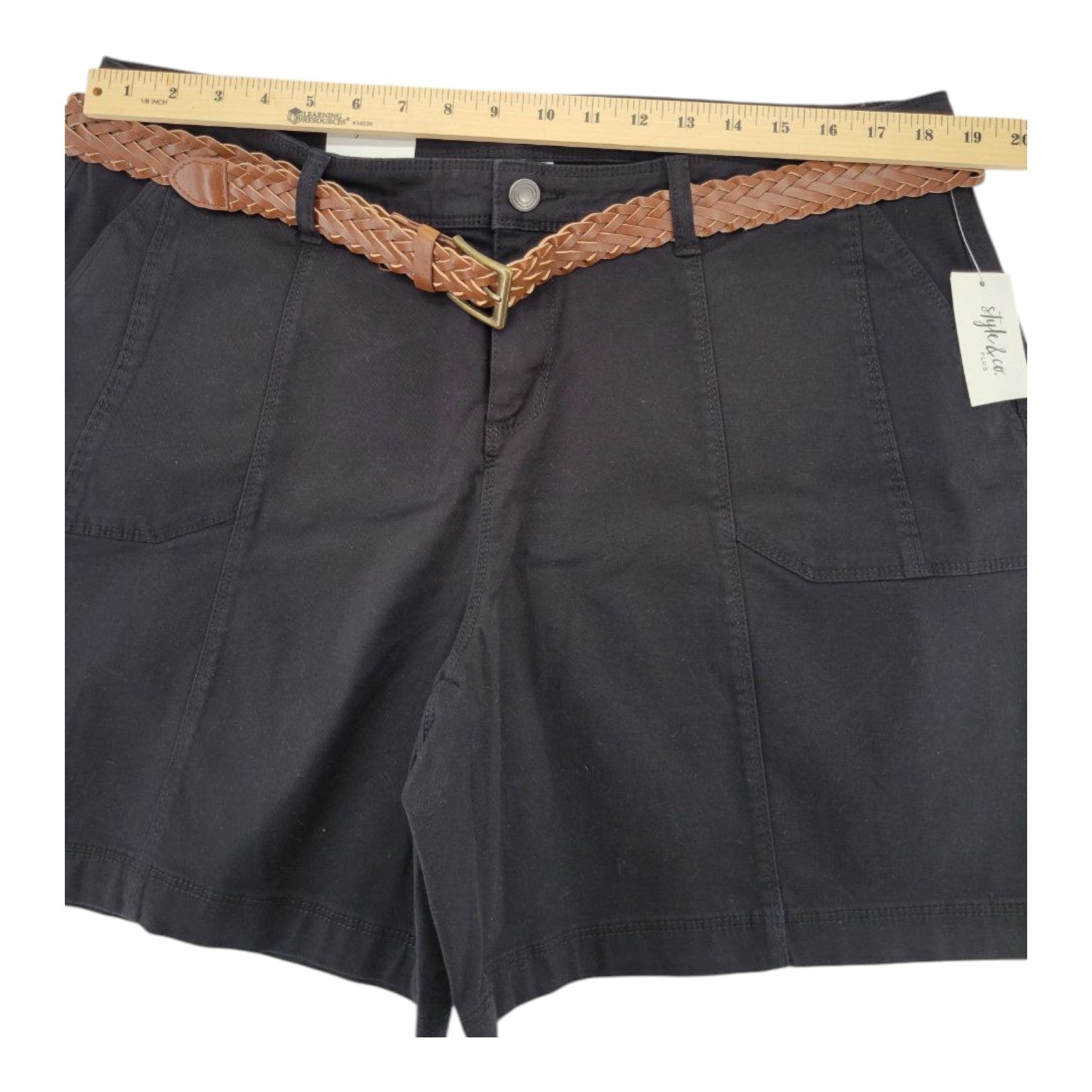 NEW Style & Co Women's Plus Mid Rise Bermuda Belted Shorts Black Size 16W