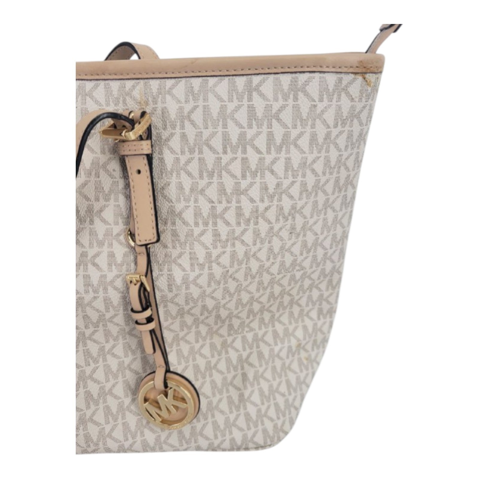 Michael Kors Jet Set Travel Tote Vanilla MK Logo Canvas Leather Gold Charm