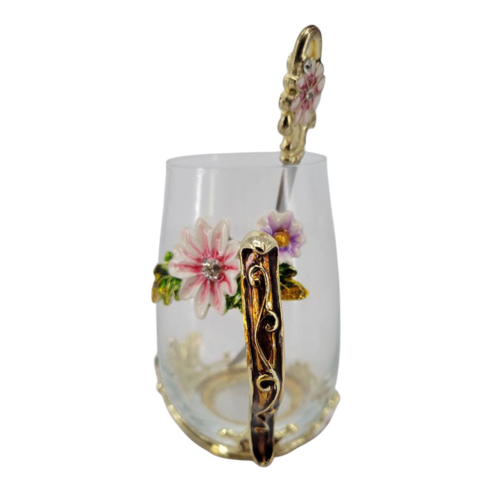 Glass Enamel Milk Tea Coffee Cup and Spoon Set Pink Flower with Gold Handle