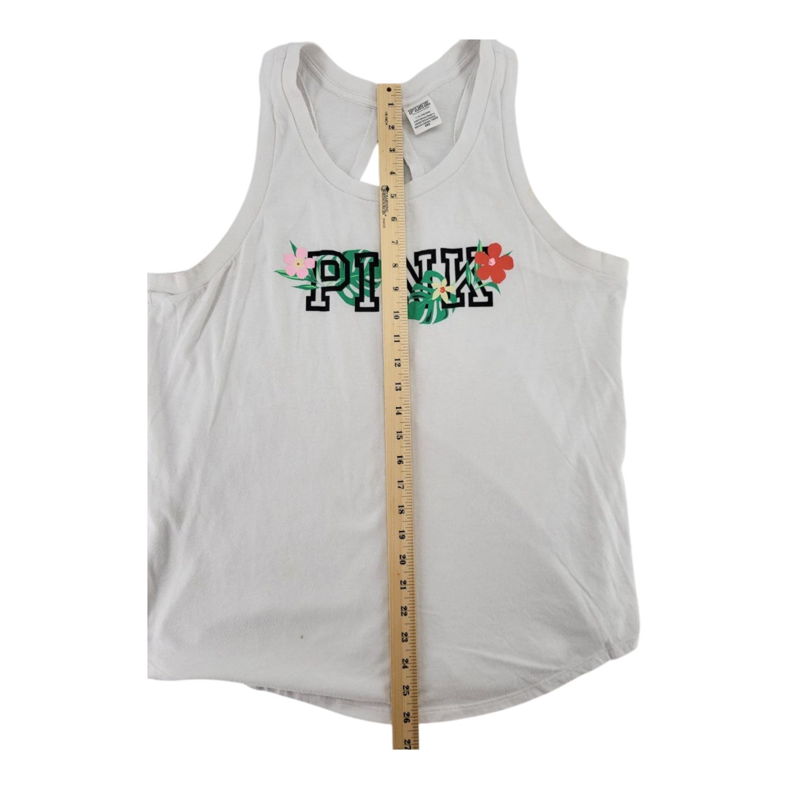 Victorias Secret PINK Tropical Logo Racerback Tank Top White Open Back Size L