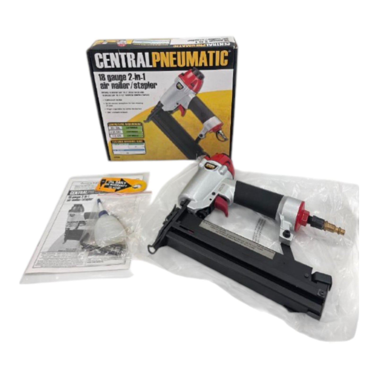 Central Pneumatic 18 Gauge 2 in 1 Air Nailer Stapler Model 63156 w/ Box & Manual