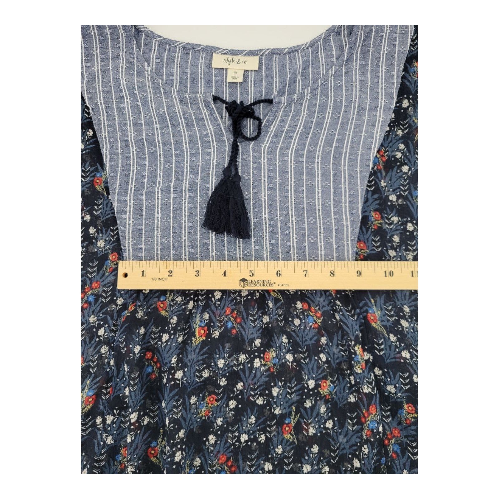 Style & Co Women's Boho Tassel Blouse Navy Floral Stripe Print Top XL