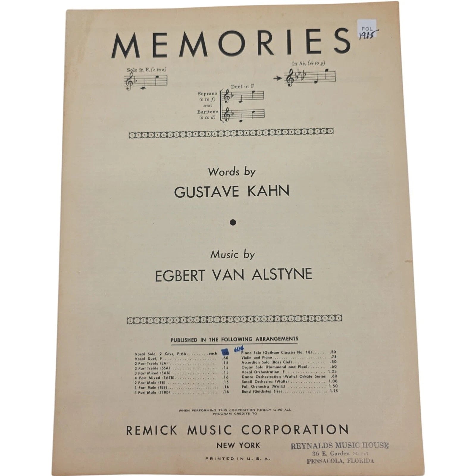 Memories 1915 Sheet Music by Egbert Van Alstyne and Gustave Kahn Remick Music