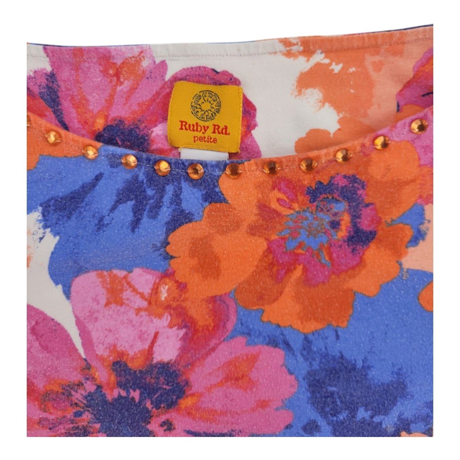 Ruby Rd. Petite Floral Embellished 3/4 Sleeve Top Orange Pink Blue PXL