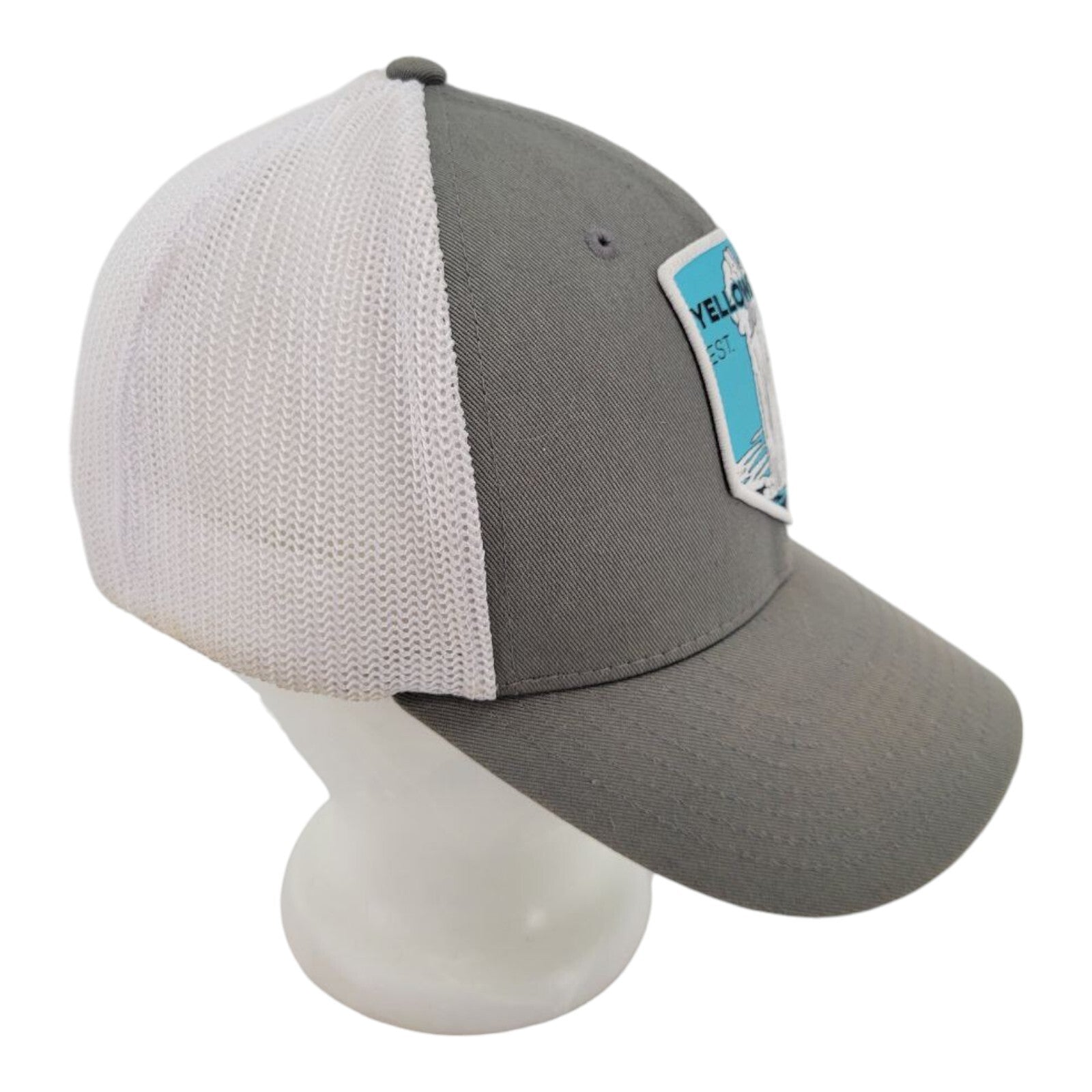 Columbia Yellowstone Flexfit Hat Gray White Mesh Trucker Cap Old Faithful S/M