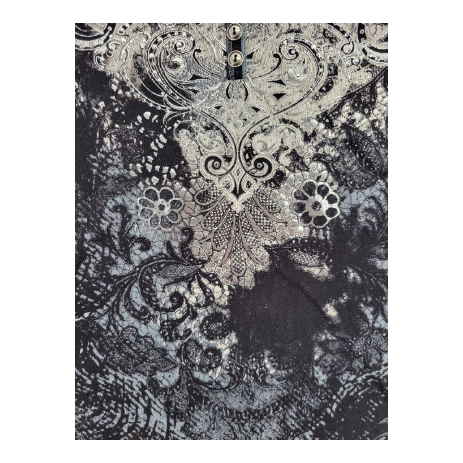 Blue Canyon Clothing Women's Black Scroll Floral Print Henley Top Long Sleeve L