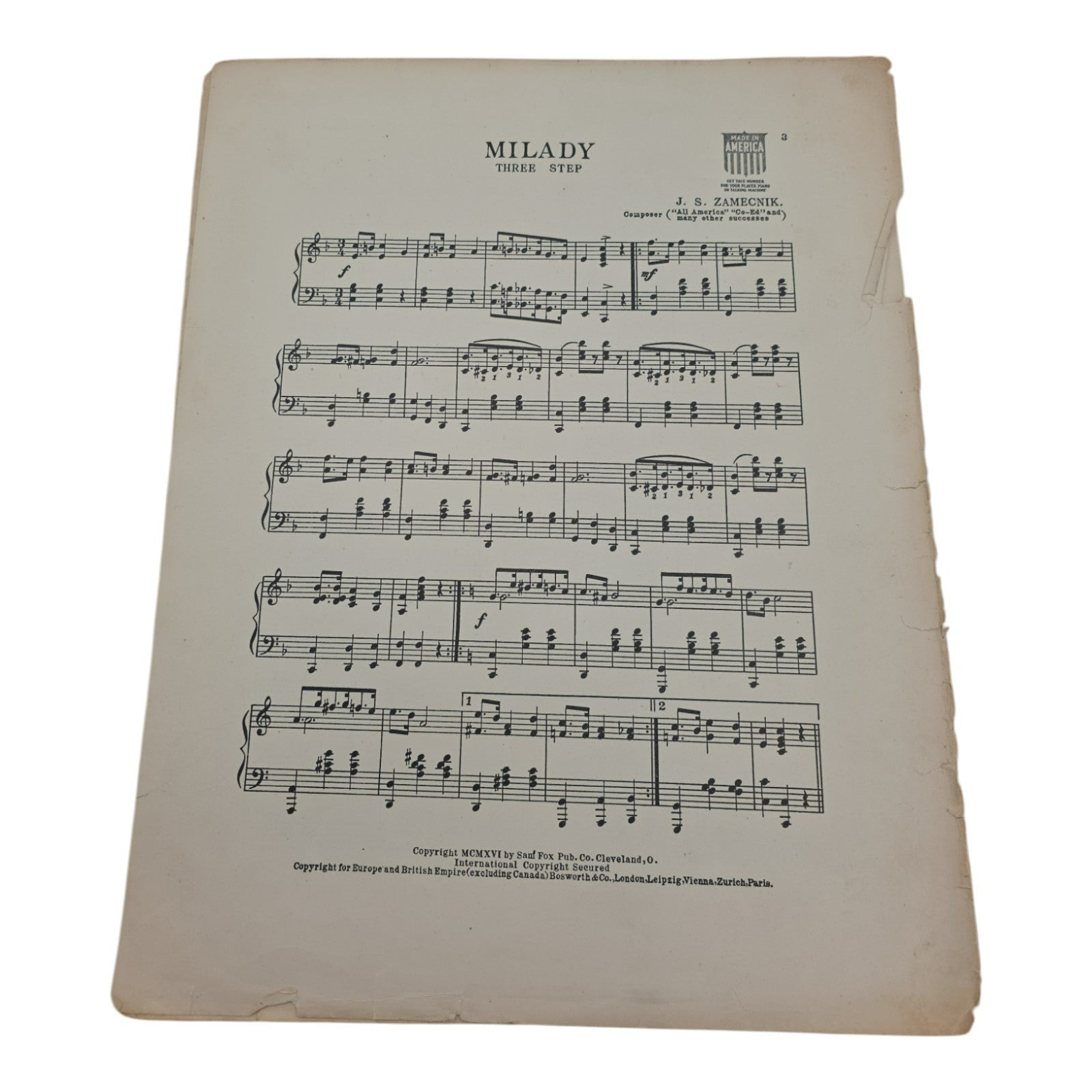 Milady Three Steps Vintage Sheet Music J S Zamecnik Sam Fox