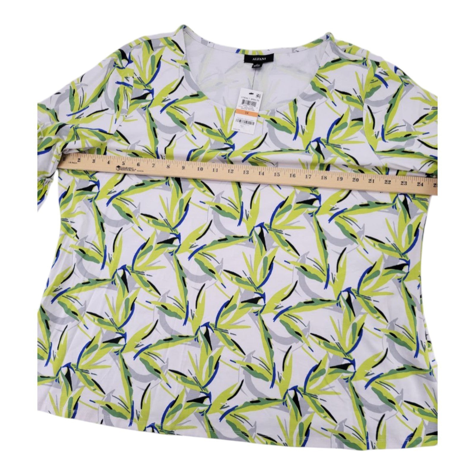 Alfani Plus Women's 3X Leaf Print Blouse Cobalt Breeze Ruffle Sleeve Top