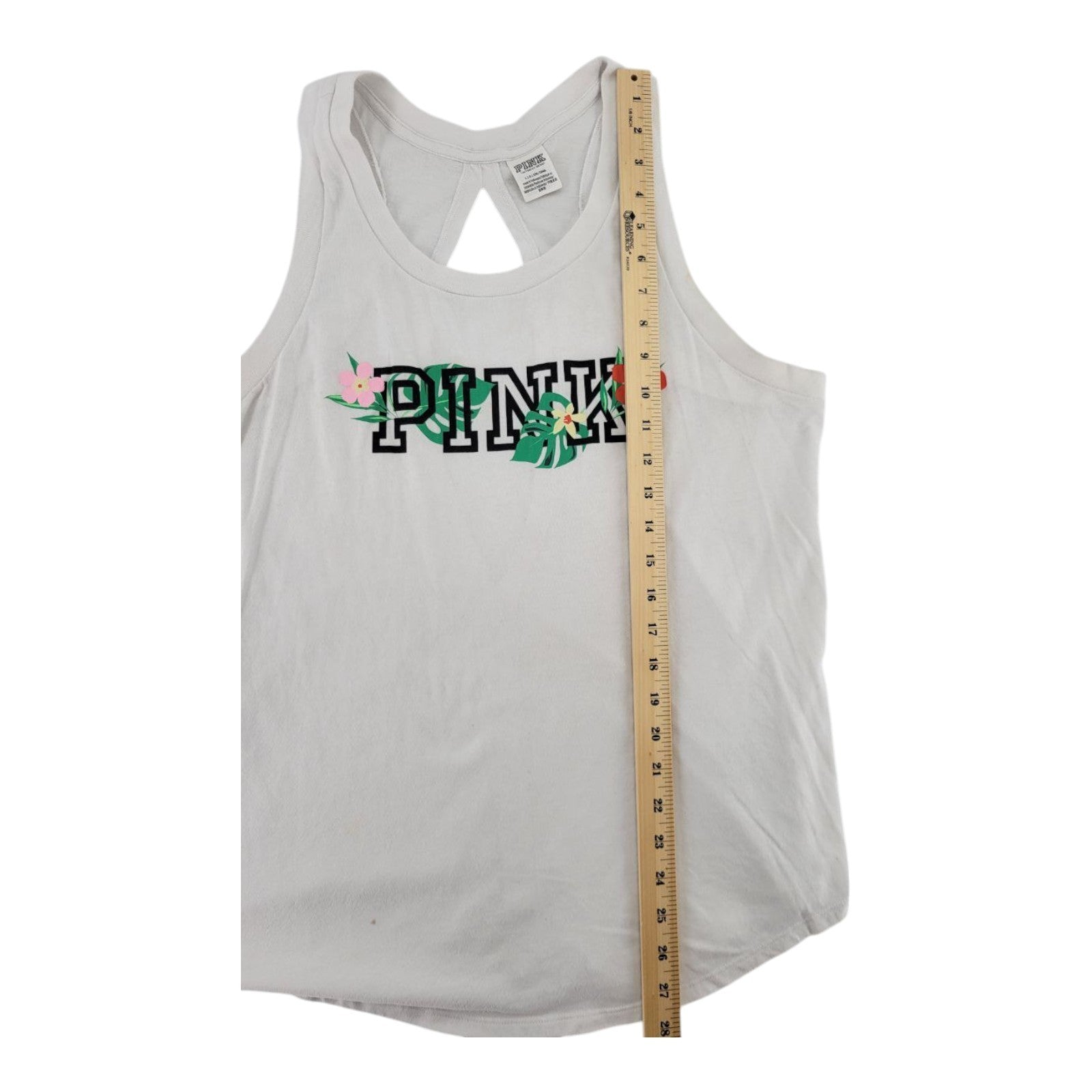Victorias Secret PINK Tropical Logo Racerback Tank Top White Open Back Size L