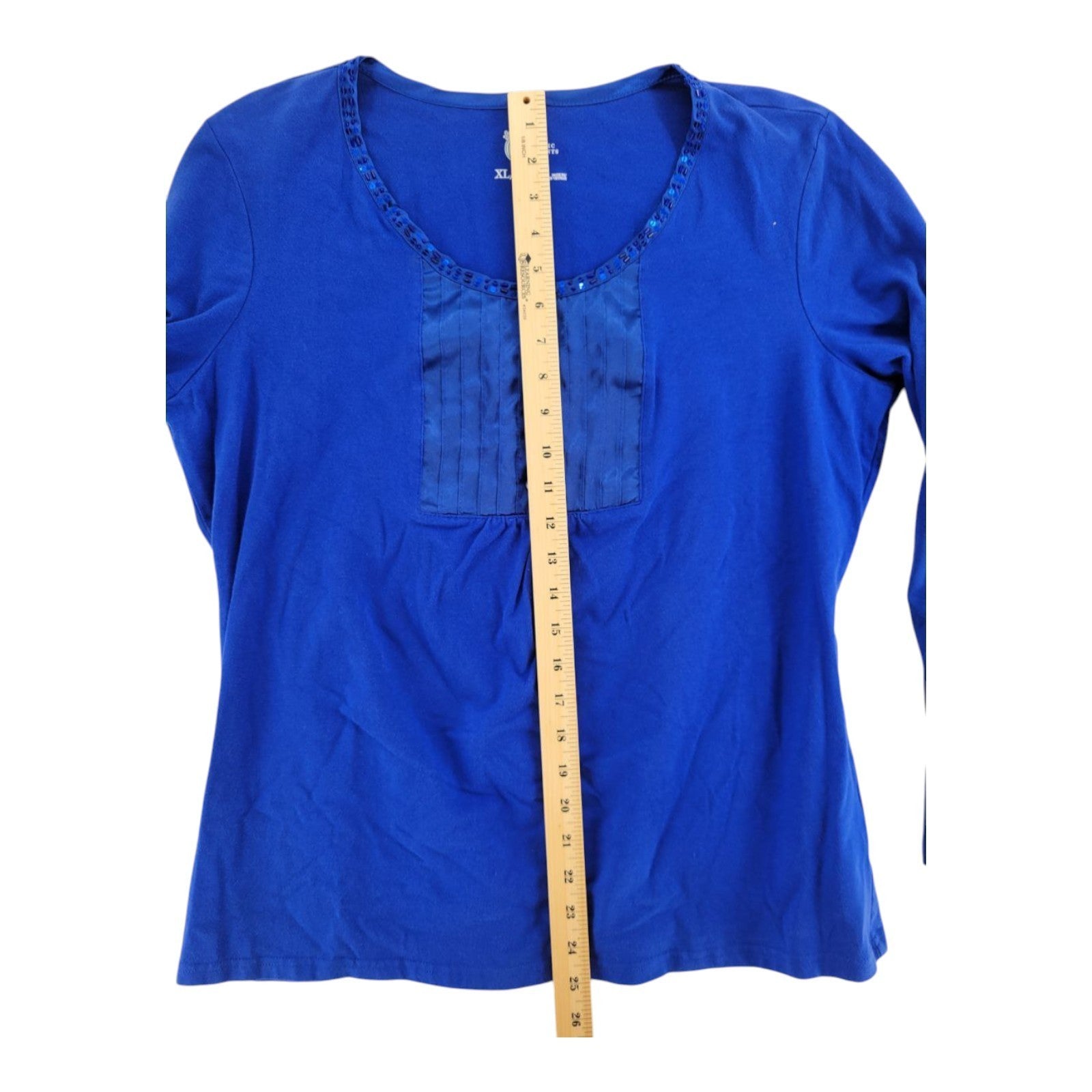 Classic Elements Blue Sequin Neck Long Sleeve Top Shirt Women's XL