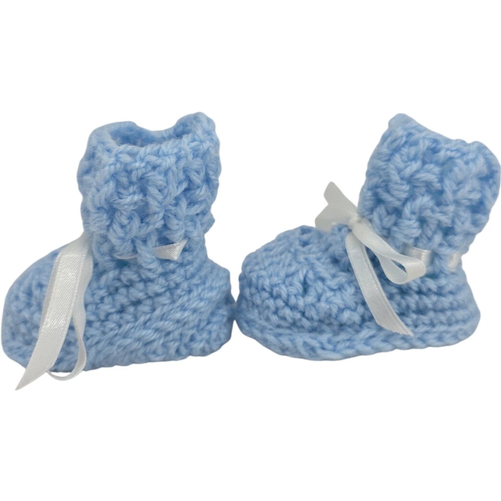 Vintage Handmade Blue Crochet Baby Booties with White Ribbon Ties – 3" Foot