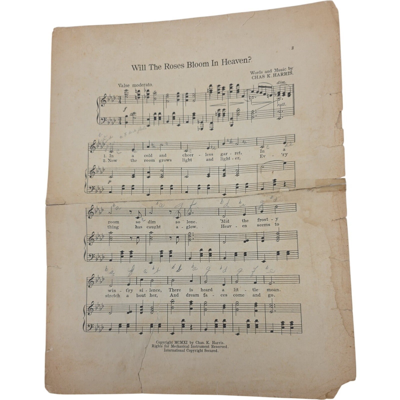 1911 Will the Roses Bloom in Heaven Vintage Sheet Music by Chas. K. Harris