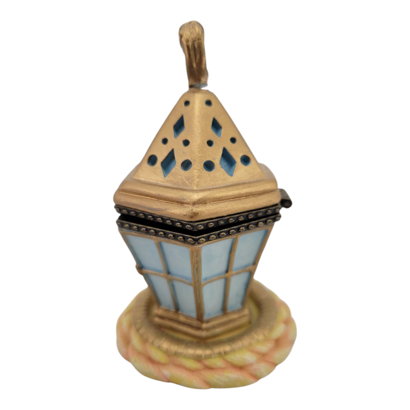 Vintage Lantern Hinged Trinket Box Gold & Blue Porcelain Miniature Collectible