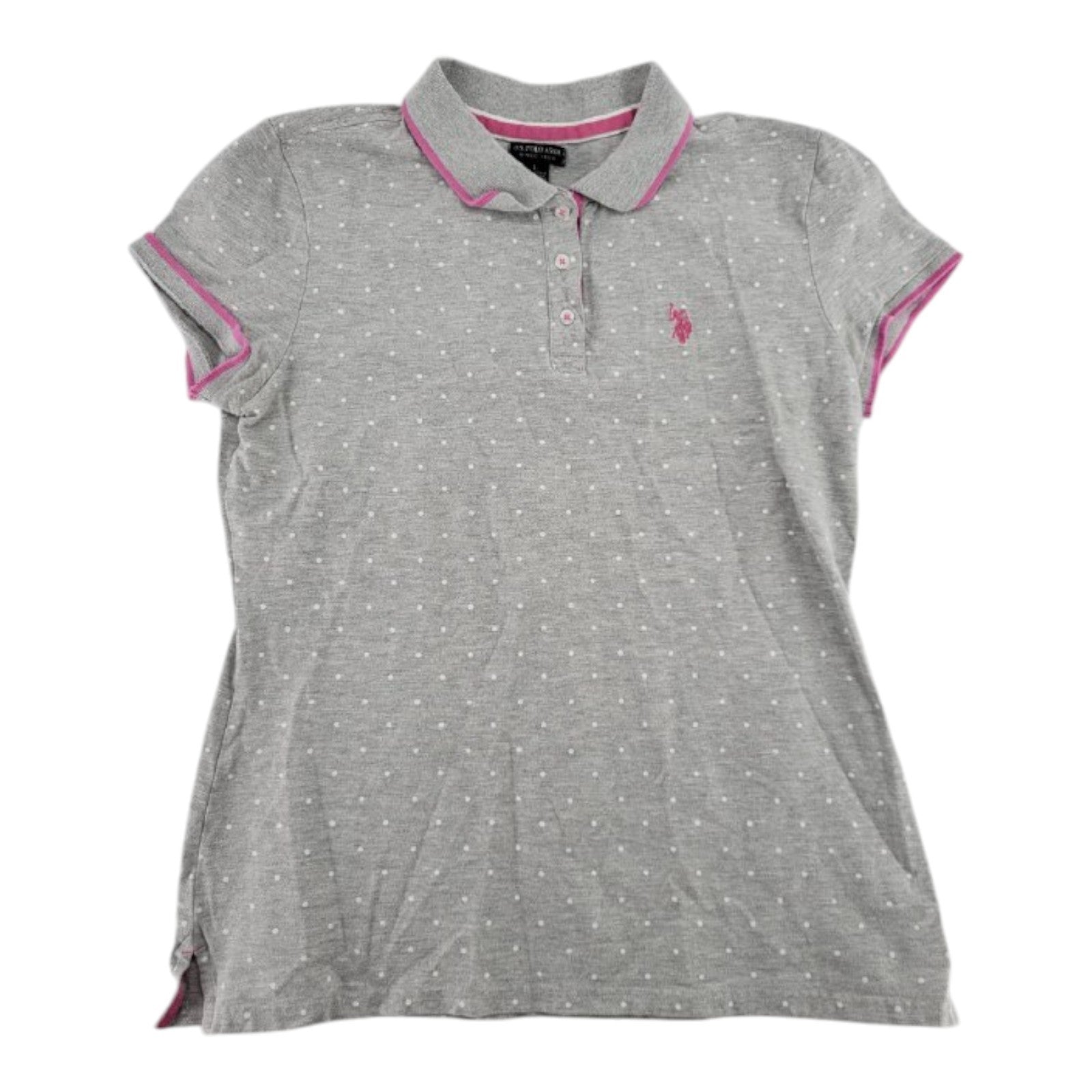US Polo Assn Womens Pin Dot Print Grey Polo Shirt Short Sleeve Size L