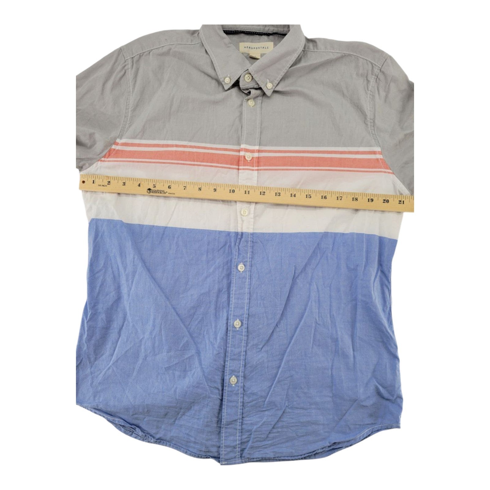 Aeropostale Men's Button Down Shirt M Gray Blue Striped Short Sleeve