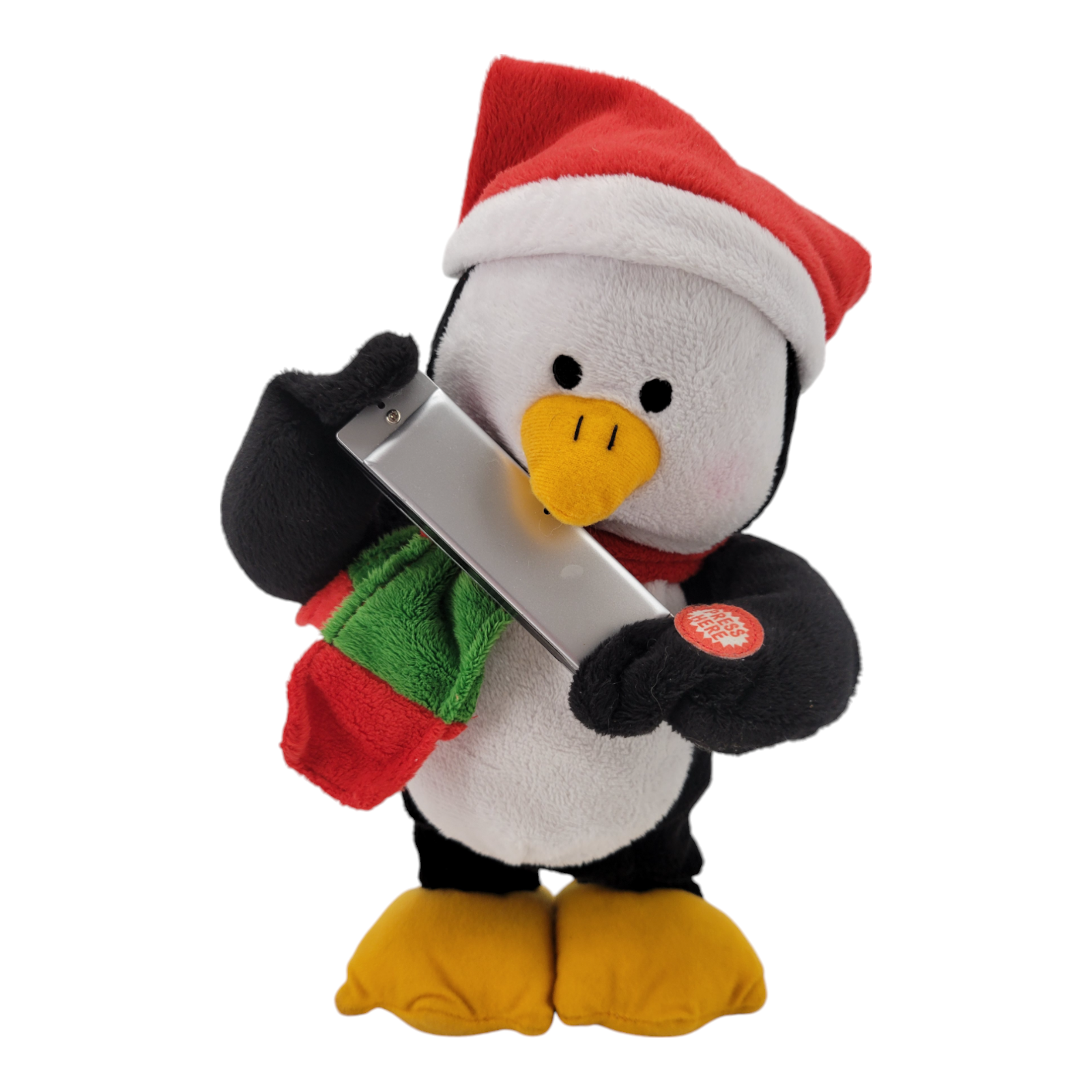 Animated Christmas Penguin Plush Santa Hat Singing Toy with Flute Press Here