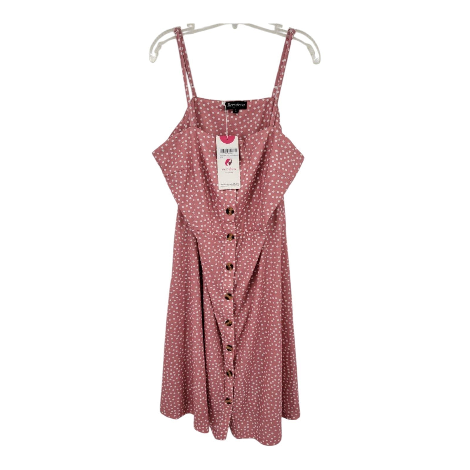 Berydress Women's Casual Pink Polka Dot Sundress L Button Front Spaghetti Strap