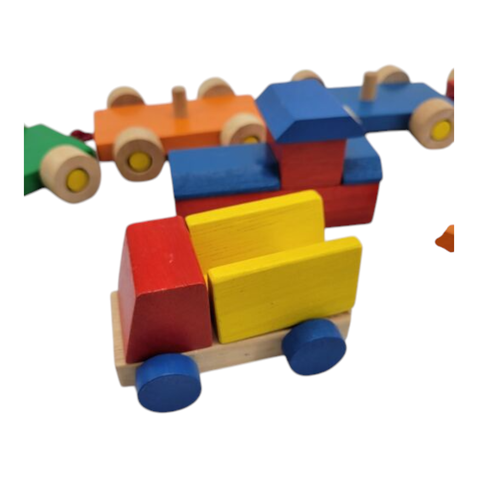 Vintage Toy Wood Train Blue Yellow Red Green with Wood Crain Dump Truck